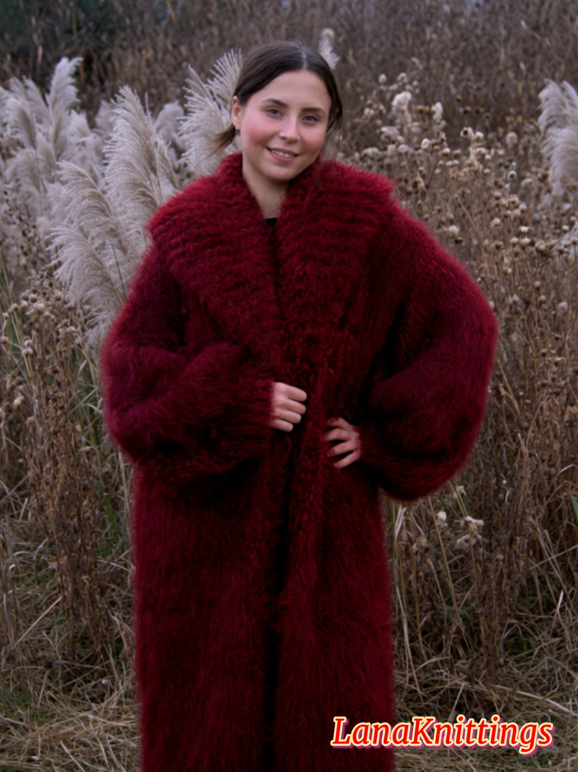 Mohair Long Coat Dark Red Thick Mohair Shawl Neck HandKnitted - Image 4