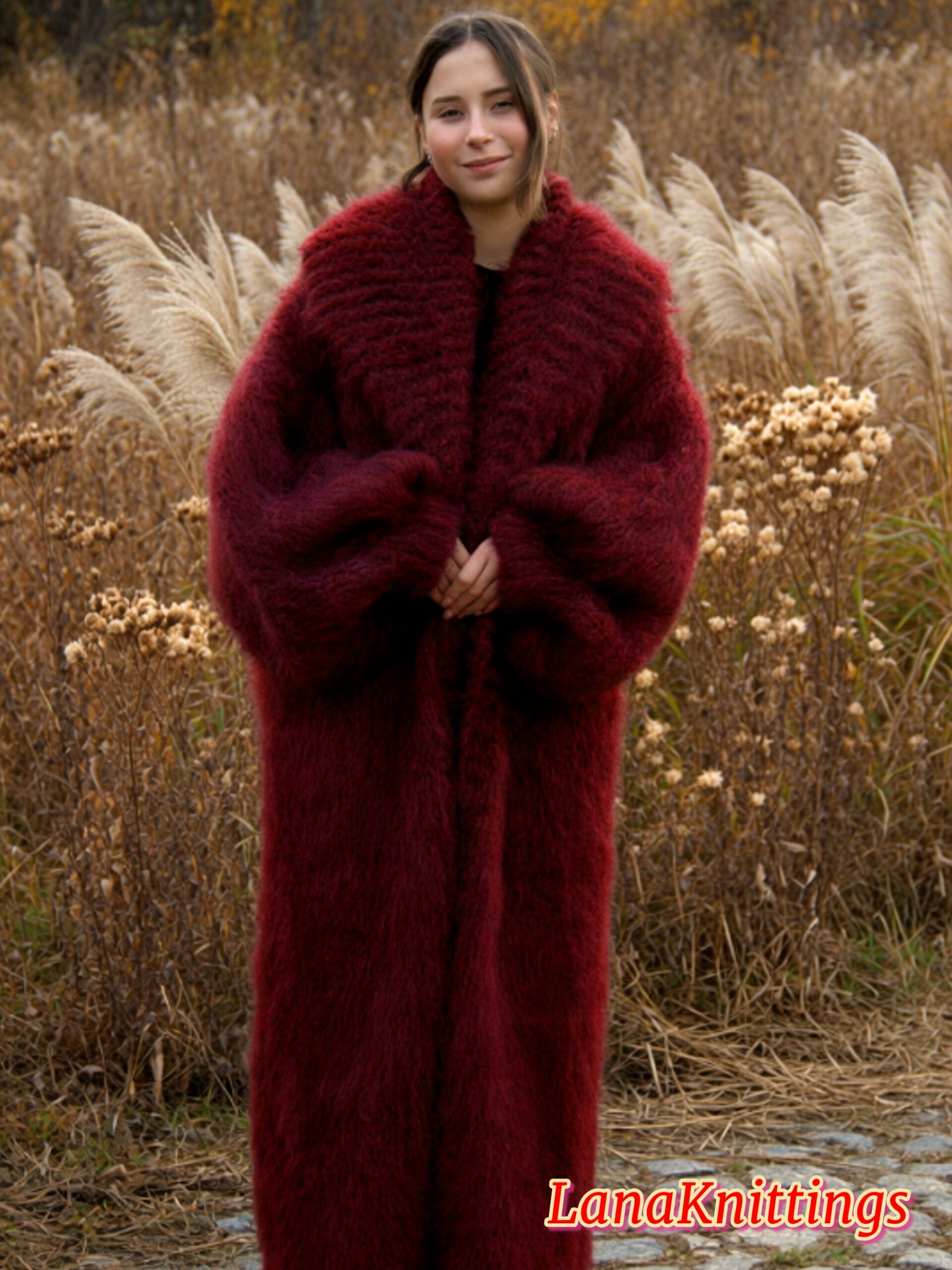 Mohair Long Coat Dark Red Thick Mohair Shawl Neck HandKnitted - Image 6