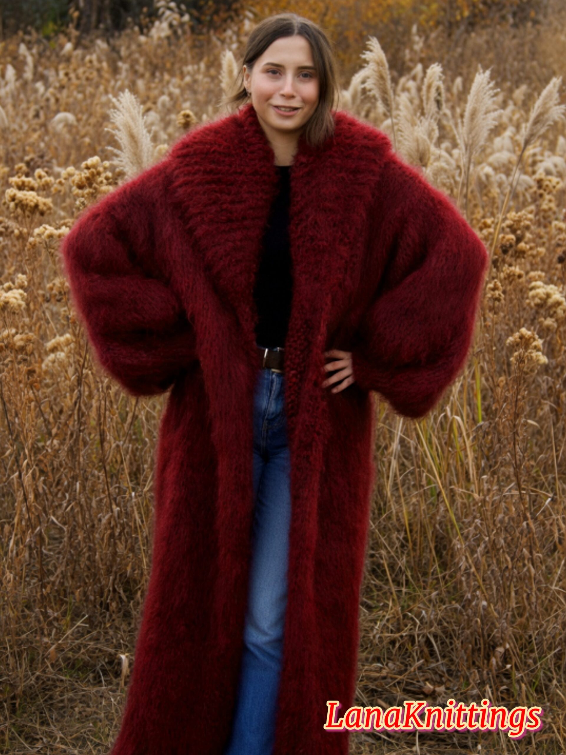 Mohair Long Coat Dark Red Thick Mohair Shawl Neck HandKnitted - Image 7