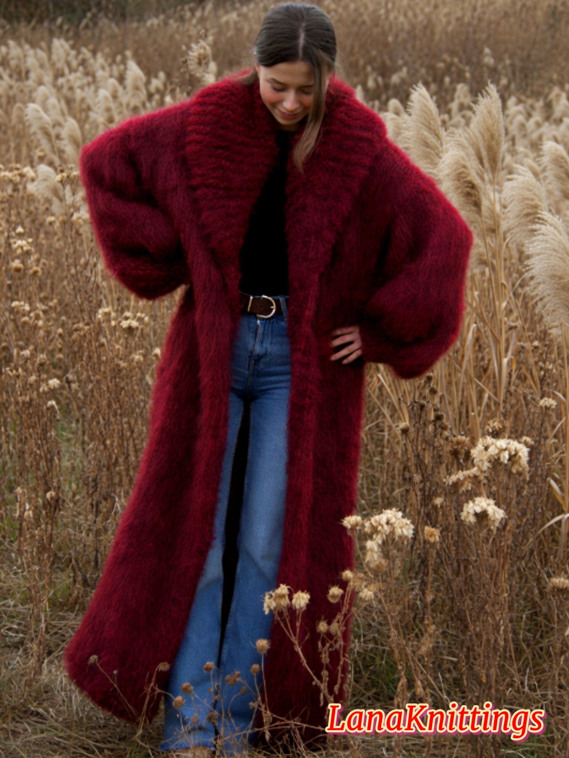 Mohair Long Coat Dark Red Thick Mohair Shawl Neck HandKnitted - Image 8