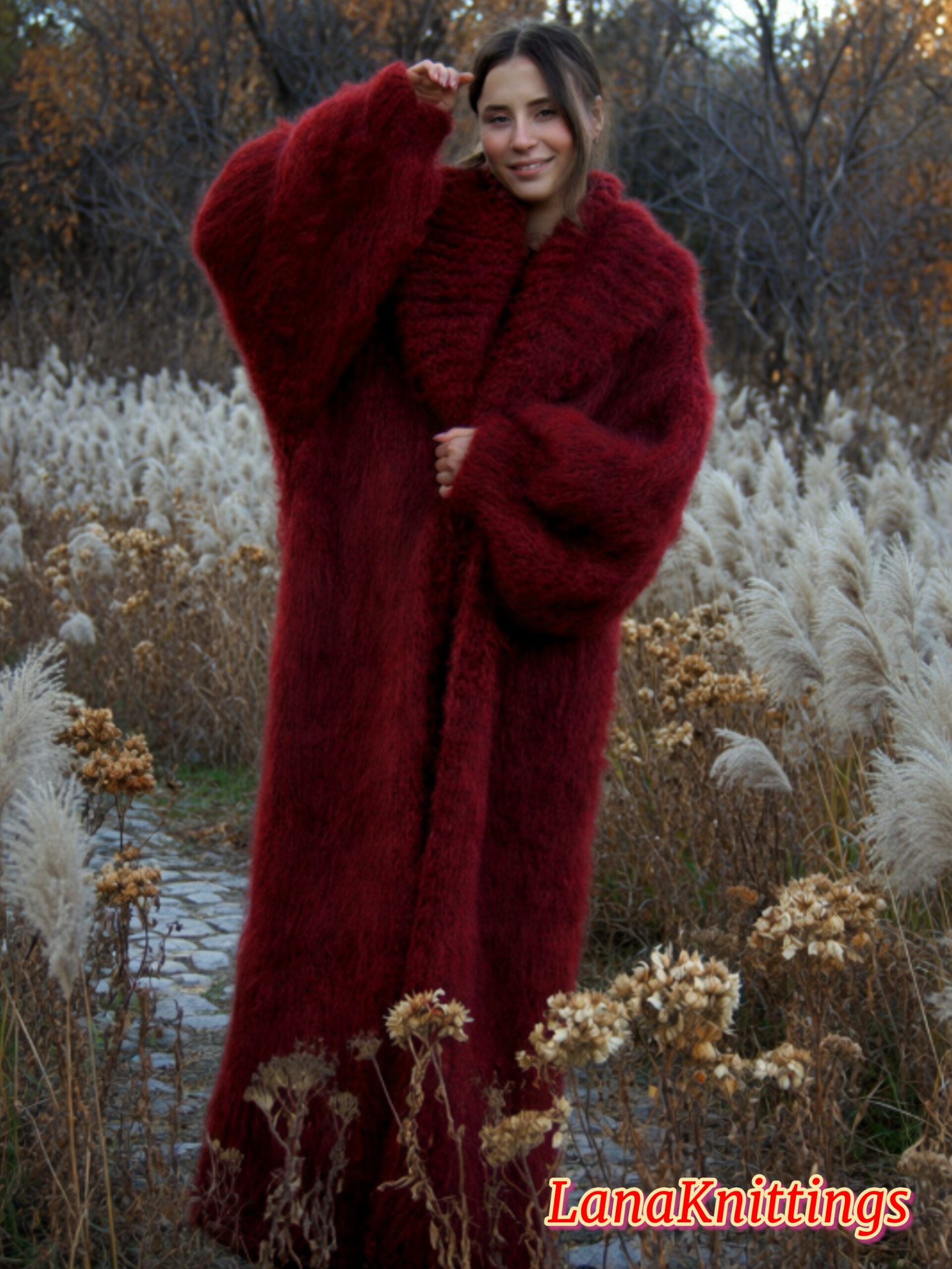 Mohair Long Coat Dark Red Thick Mohair Shawl Neck HandKnitted - Image 9