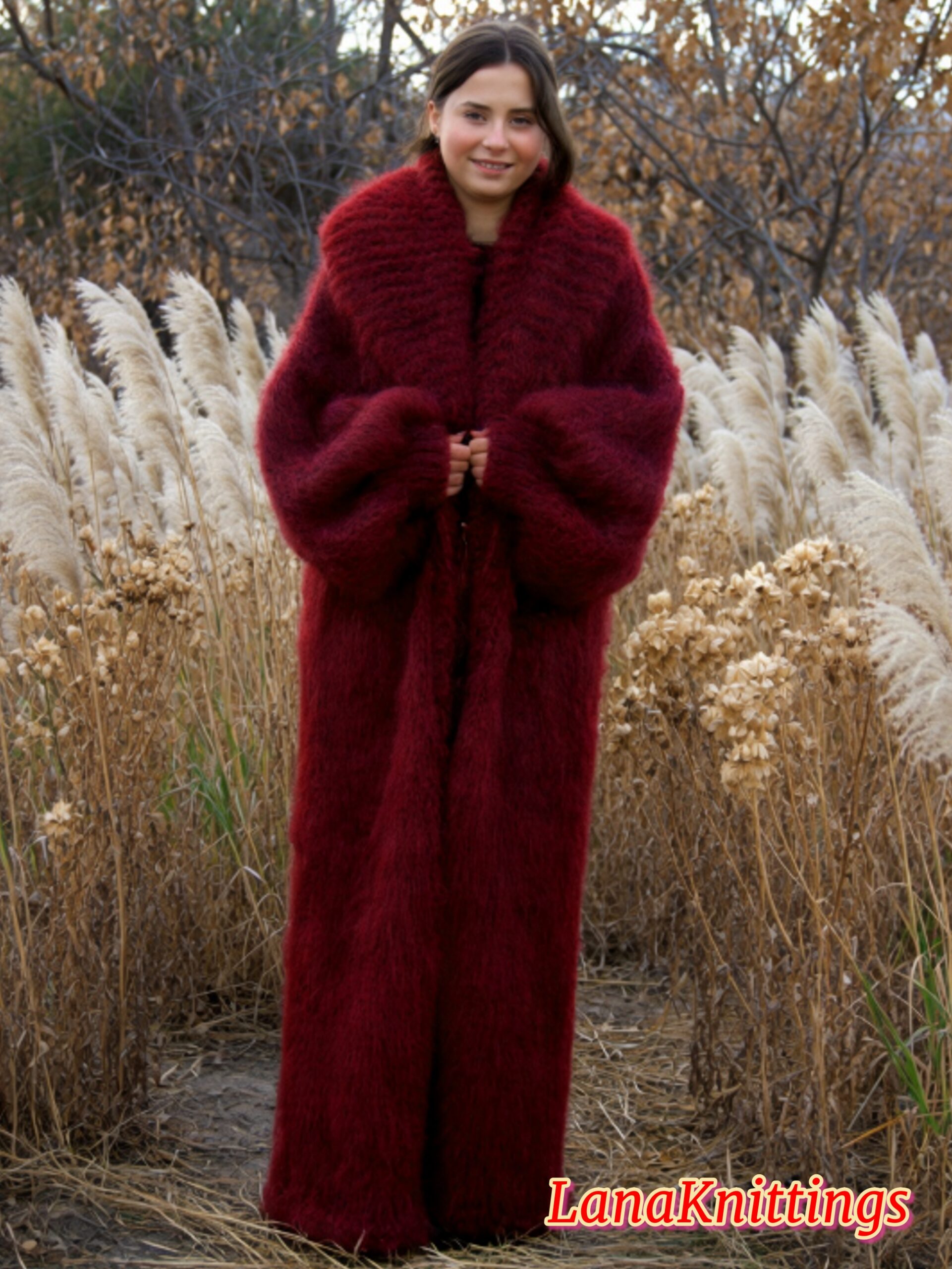 Mohair Long Coat Dark Red Thick Mohair Shawl Neck HandKnitted - Image 11