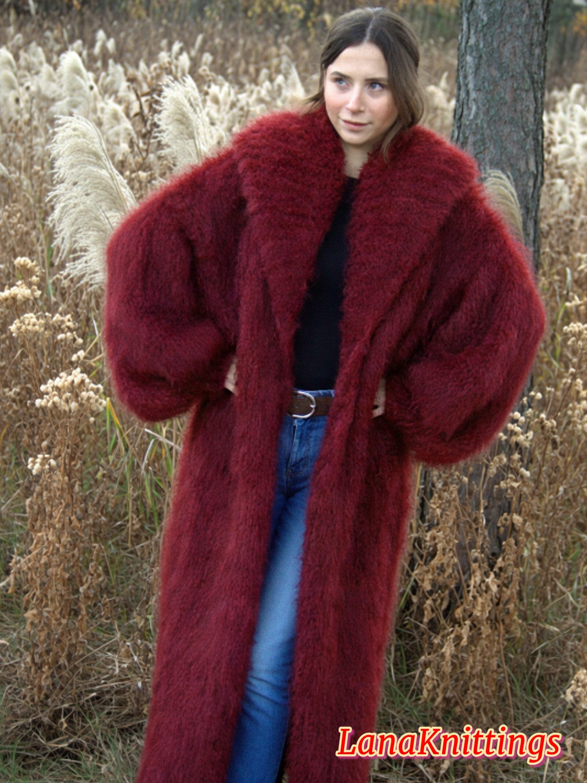 Mohair Long Coat Dark Red Thick Mohair Shawl Neck HandKnitted - Image 12