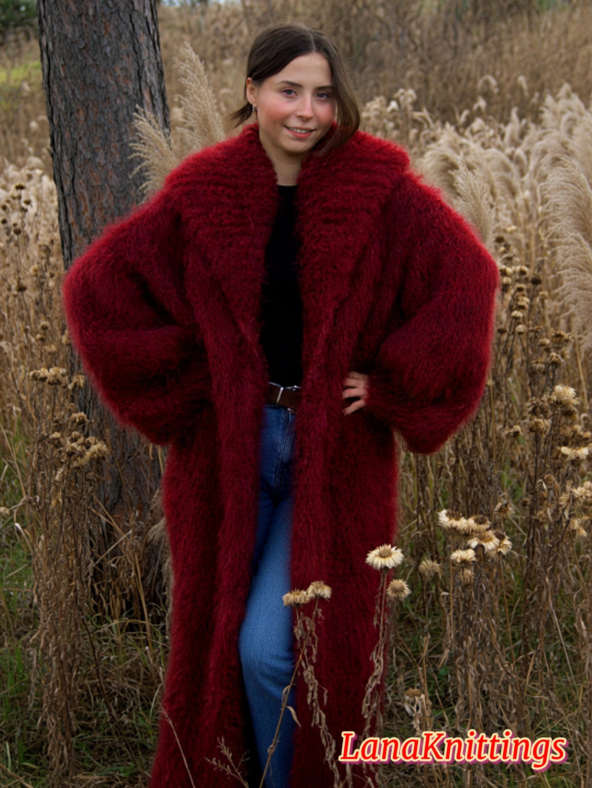 Mohair Long Coat Dark Red Thick Mohair Shawl Neck HandKnitted - Image 13