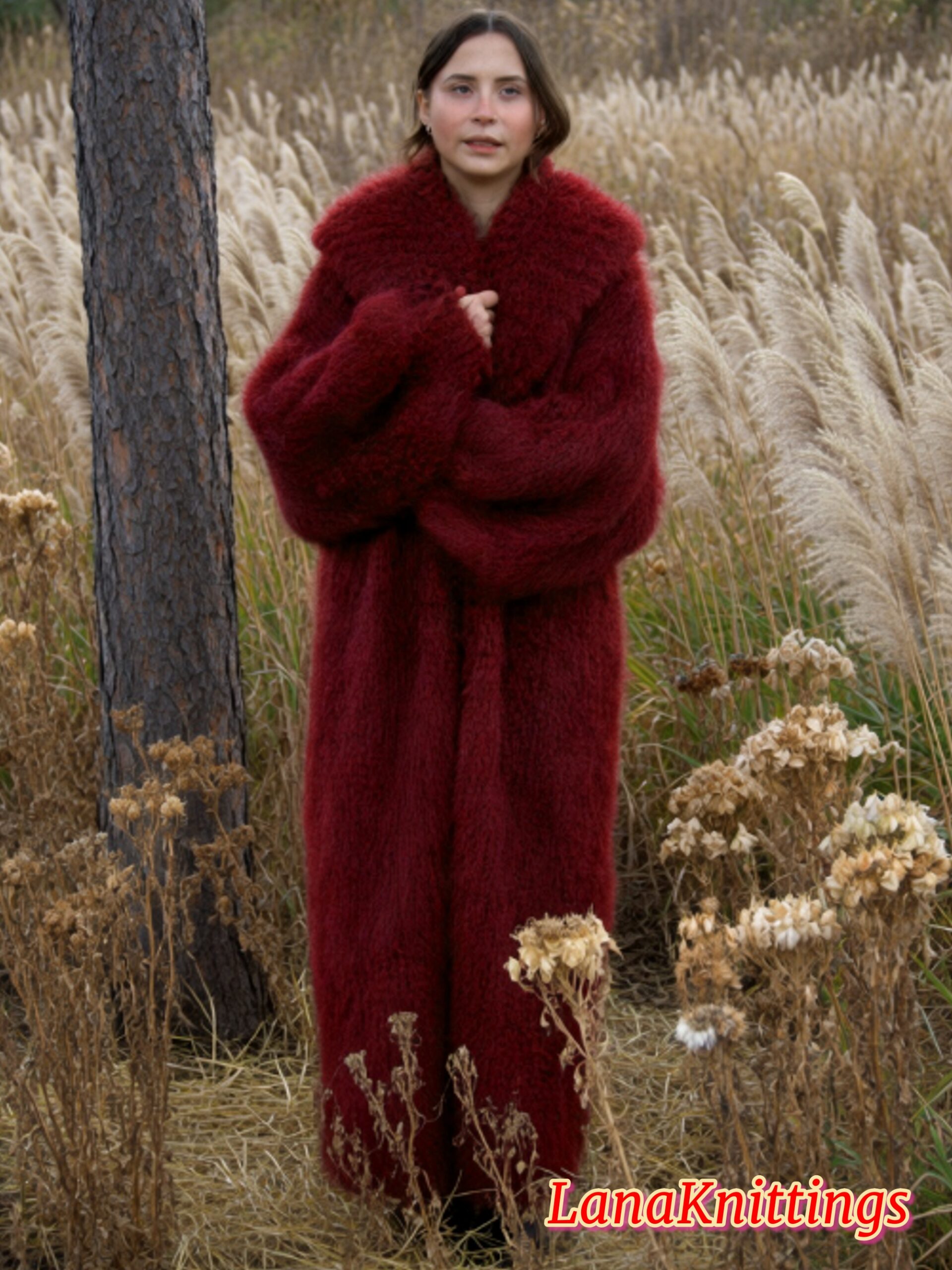 Mohair Long Coat Dark Red Thick Mohair Shawl Neck HandKnitted - Image 14
