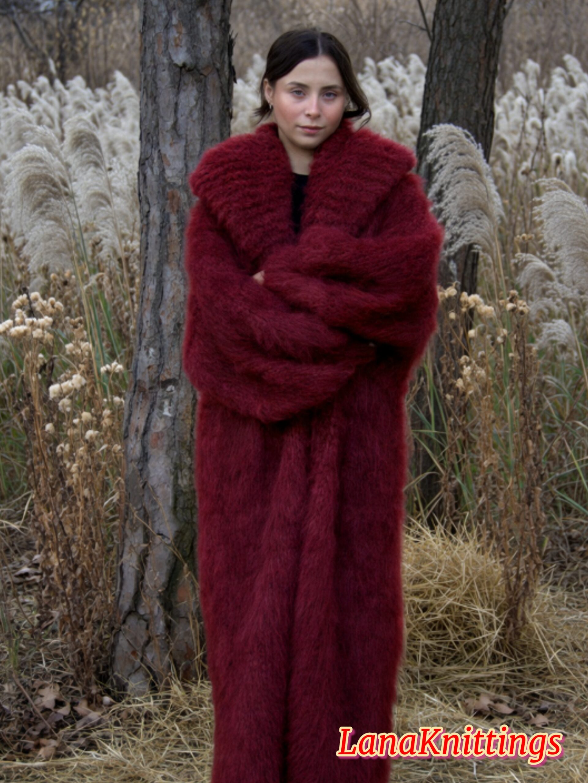 Mohair Long Coat Dark Red Thick Mohair Shawl Neck HandKnitted - Image 15