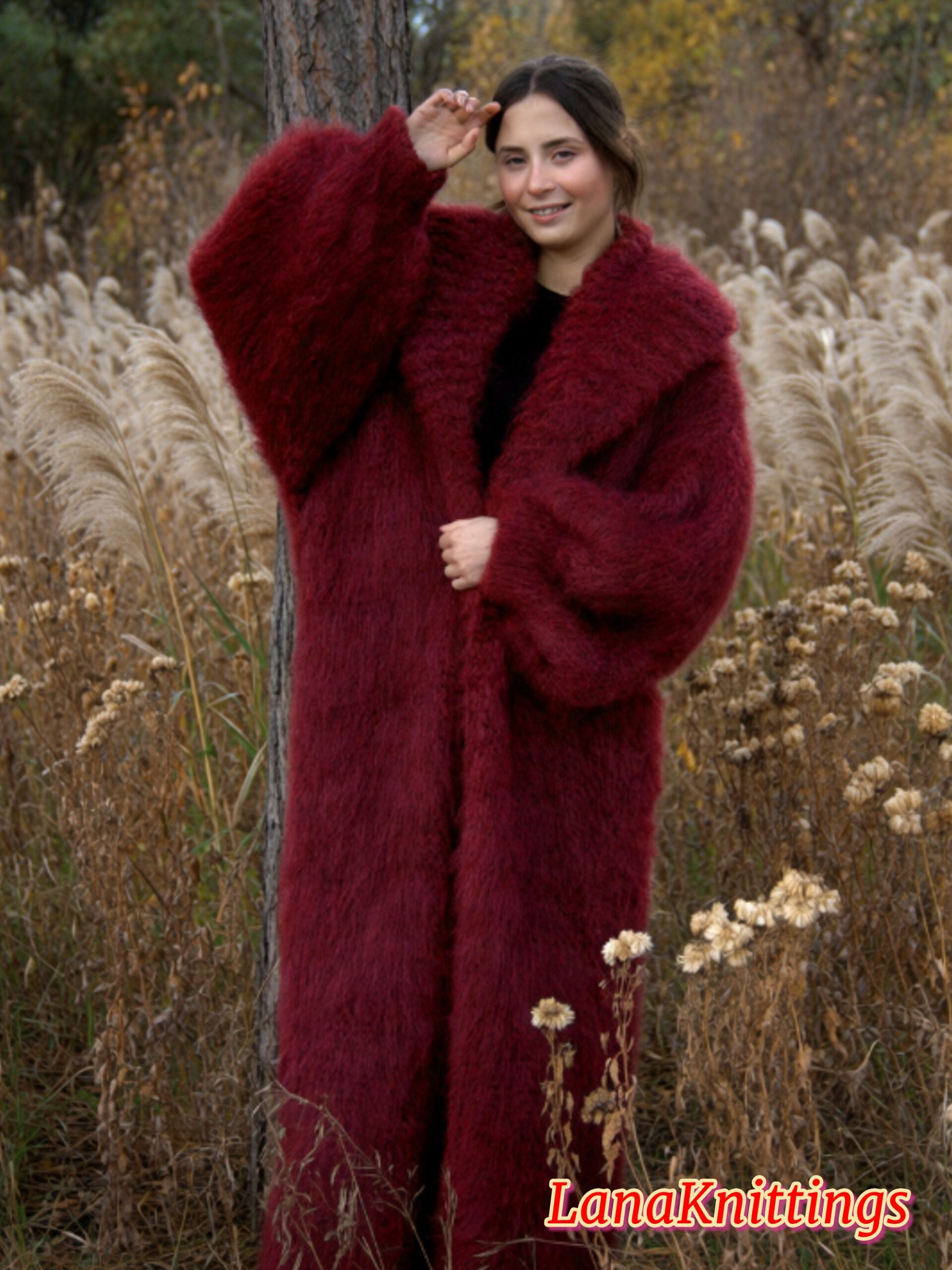 Mohair Long Coat Dark Red Thick Mohair Shawl Neck HandKnitted - Image 16