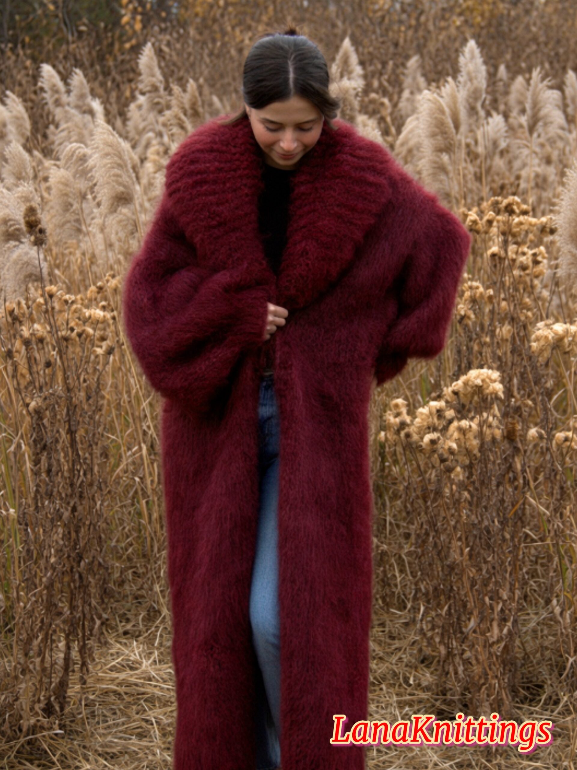 Mohair Long Coat Dark Red Thick Mohair Shawl Neck HandKnitted - Image 17