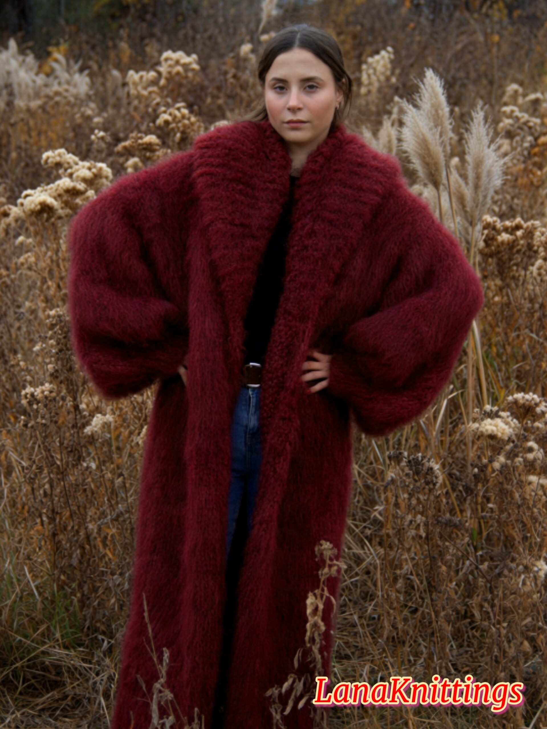 Mohair Long Coat Dark Red Thick Mohair Shawl Neck HandKnitted - Image 18
