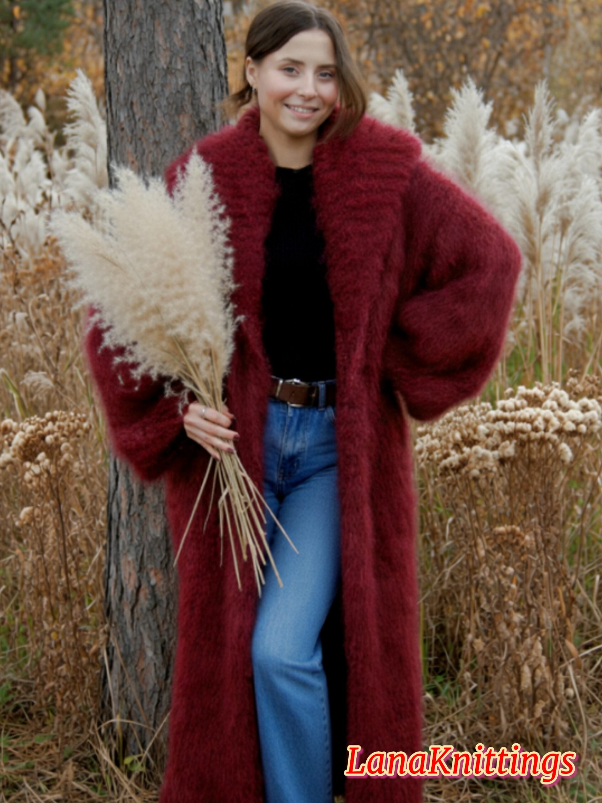 Mohair Long Coat Dark Red Thick Mohair Shawl Neck HandKnitted - Image 10