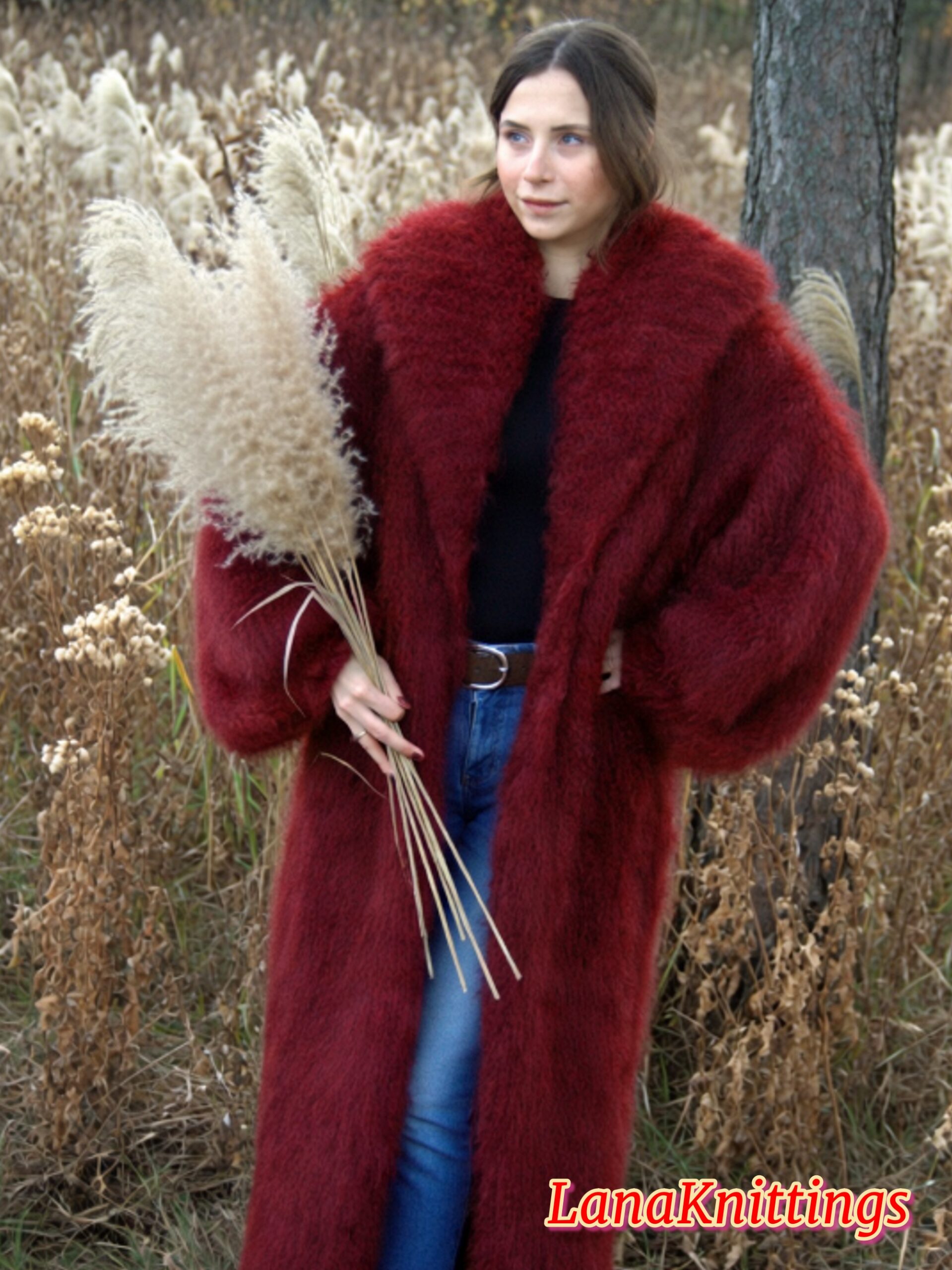 Mohair Long Coat Dark Red Thick Mohair Shawl Neck HandKnitted