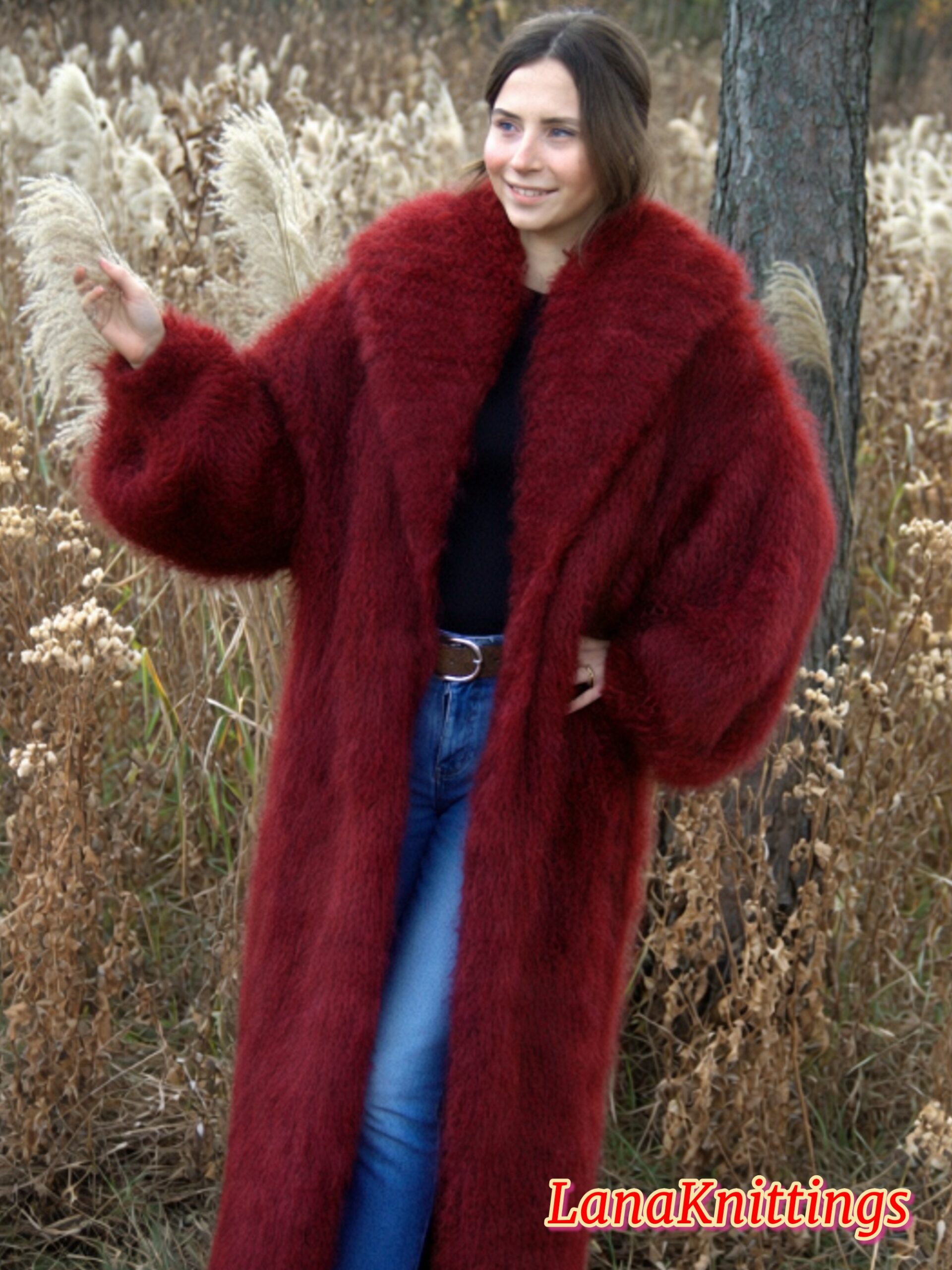 Mohair Long Coat Dark Red Thick Mohair Shawl Neck HandKnitted - Image 5