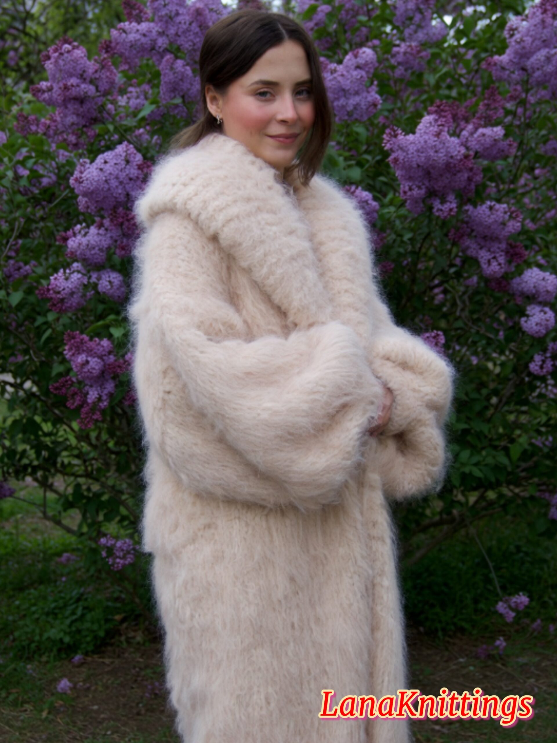 Mohair Long Coat Powder Beige Thick Mohair Shawl Neck HandKnitted - Image 2