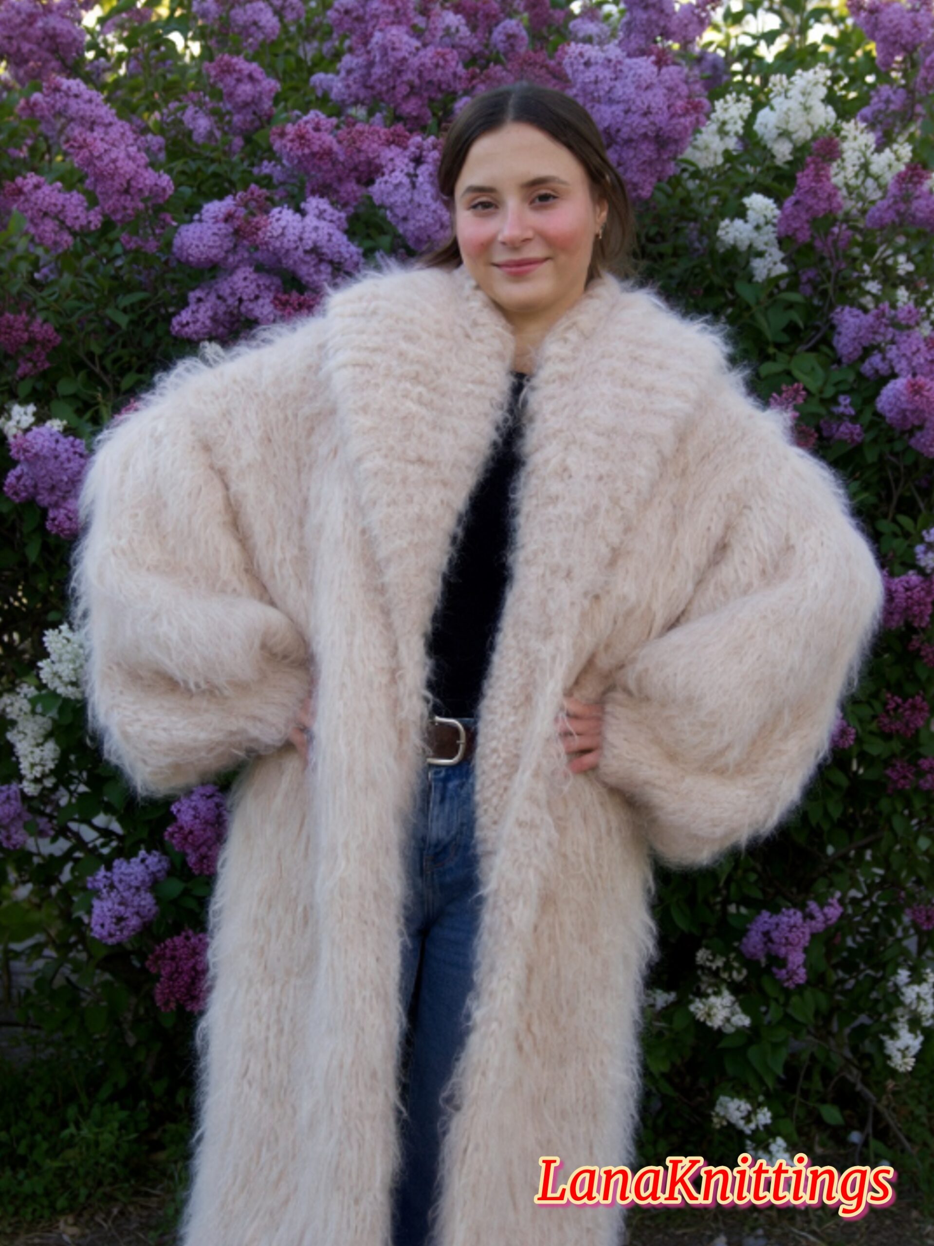 Mohair Long Coat Powder Beige Thick Mohair Shawl Neck HandKnitted - Image 3