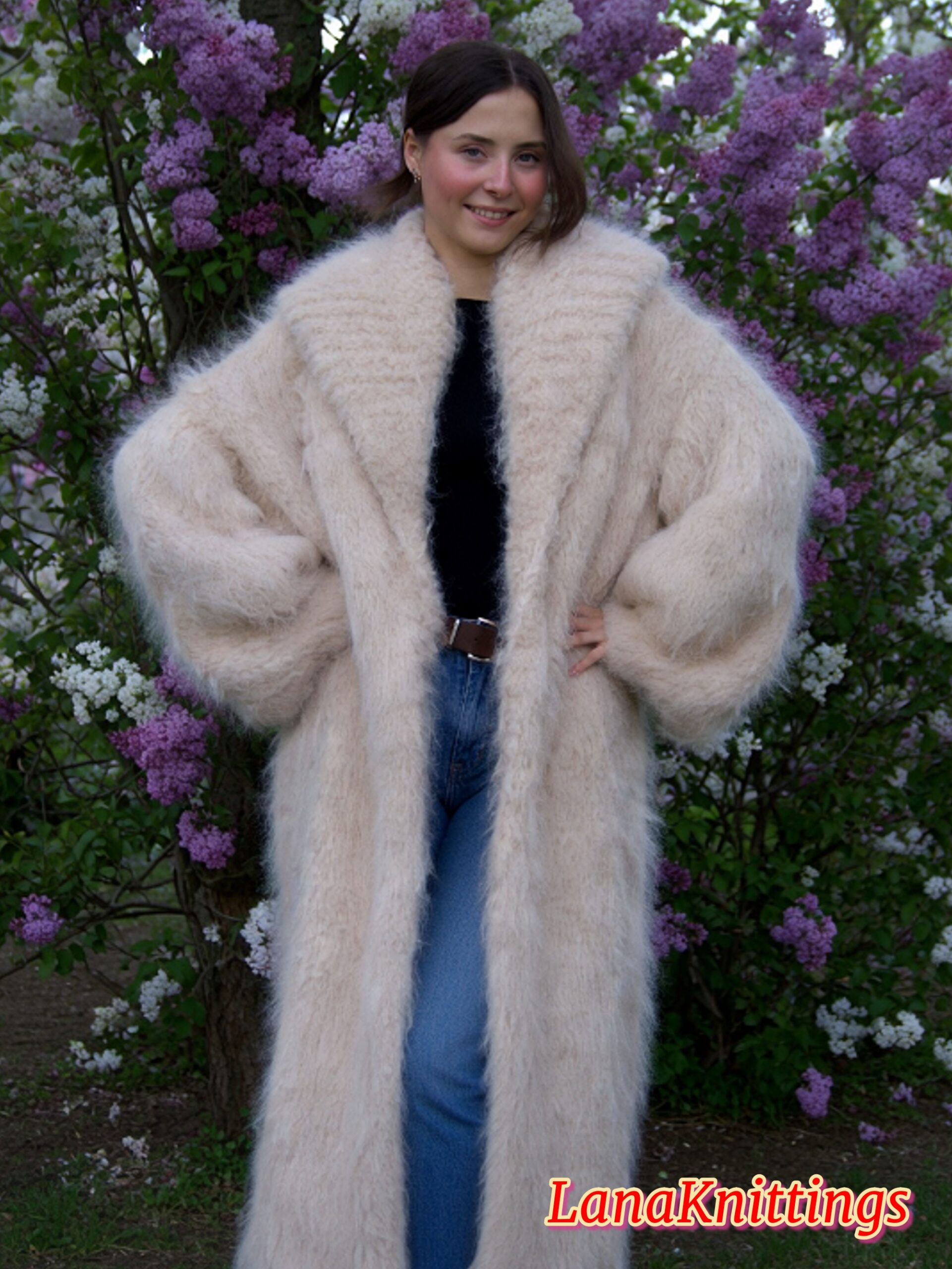 Mohair Long Coat Powder Beige Thick Mohair Shawl Neck HandKnitted - Image 4