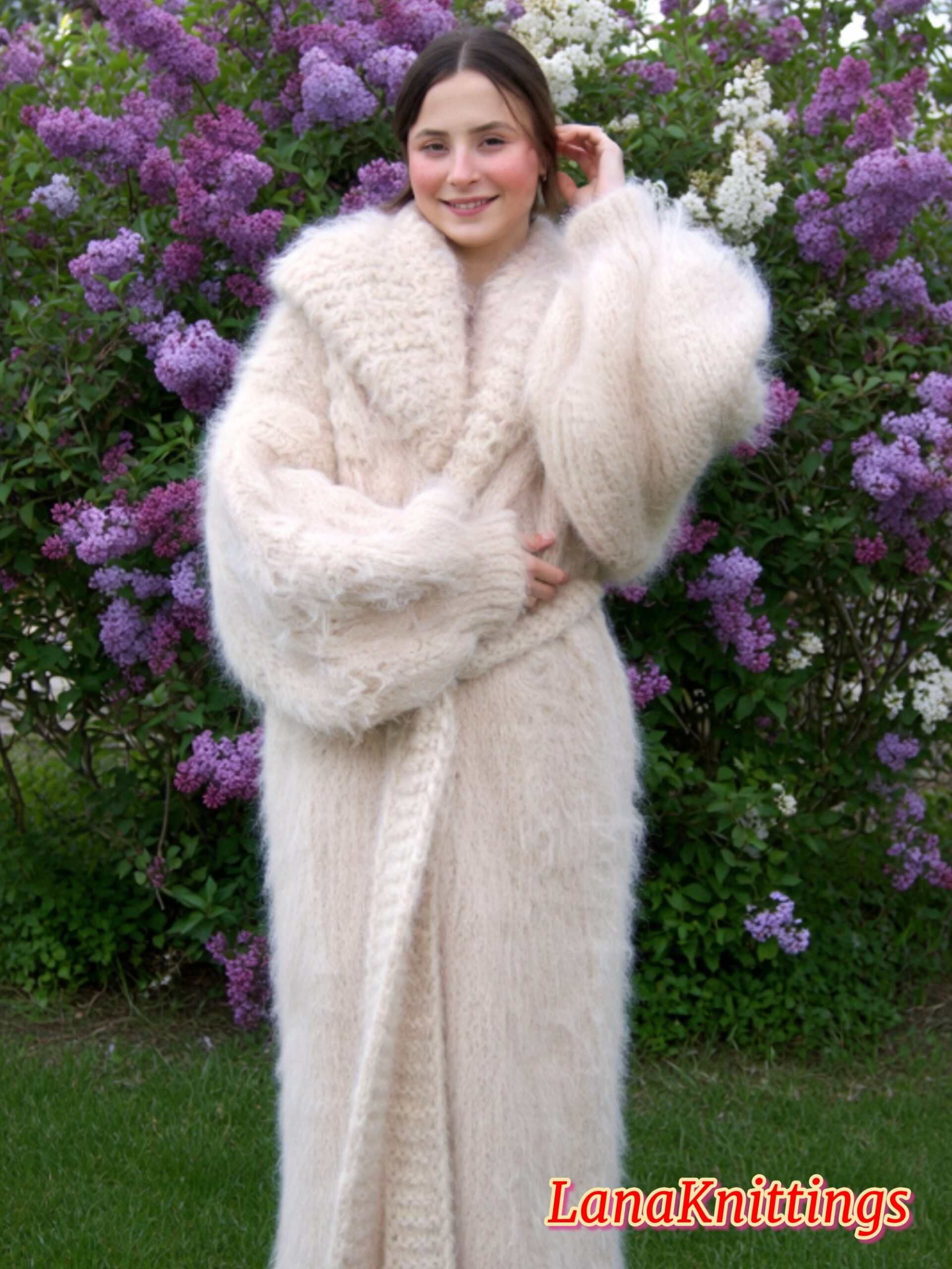 Mohair Long Coat Powder Beige Thick Mohair Shawl Neck HandKnitted - Image 5