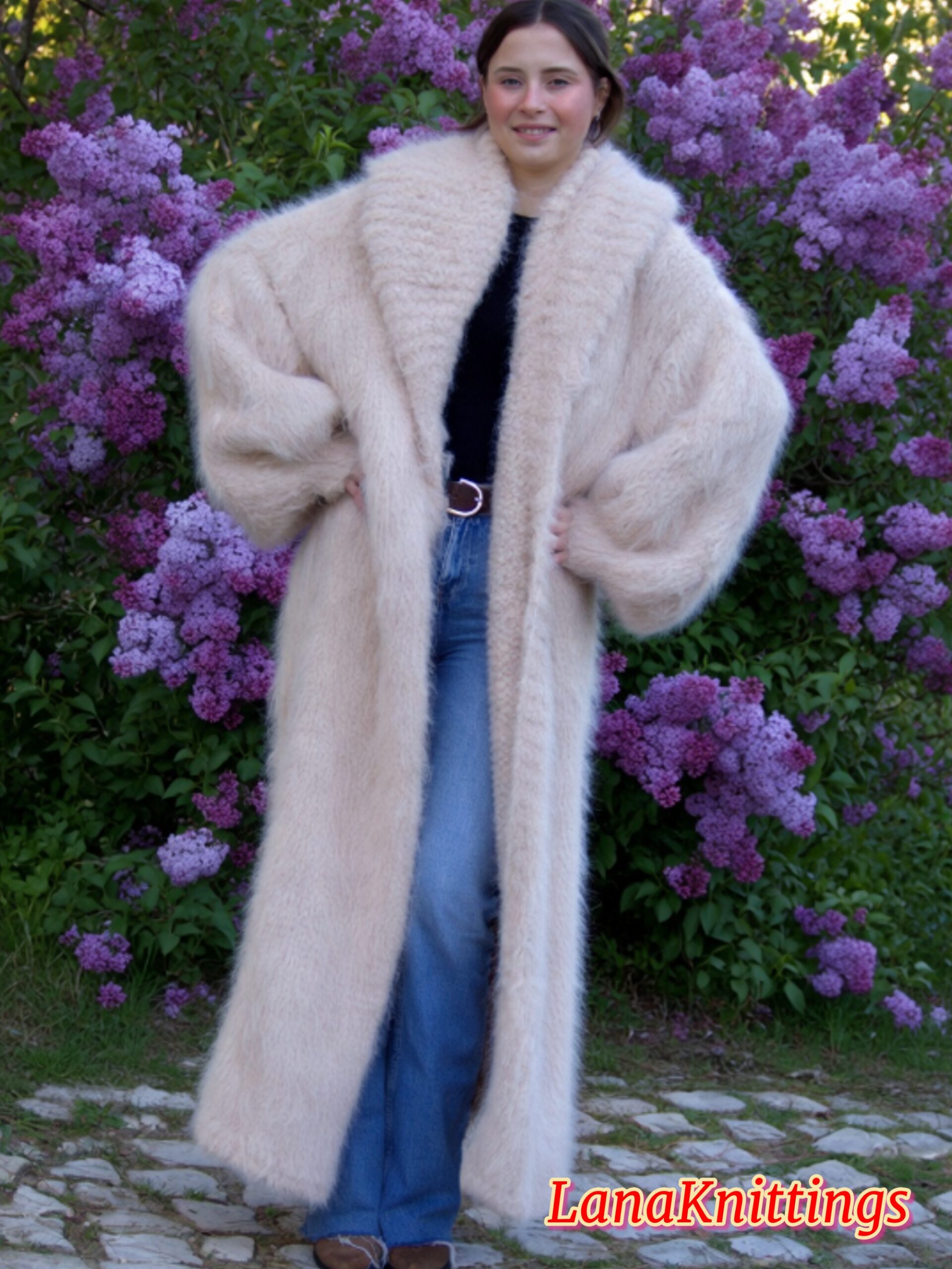 Mohair Long Coat Powder Beige Thick Mohair Shawl Neck HandKnitted - Image 6