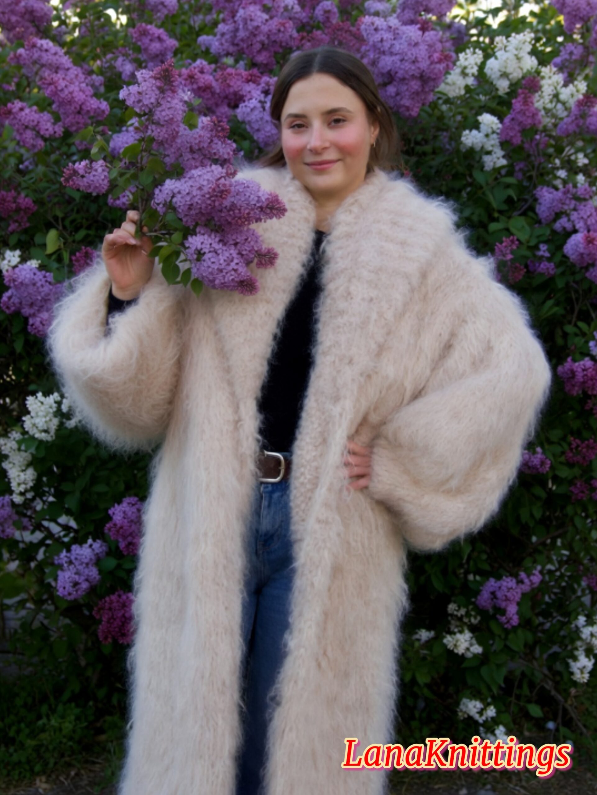 Mohair Long Coat Powder Beige Thick Mohair Shawl Neck HandKnitted