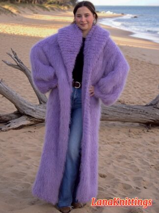Mohair Long Coat Lavander Thick Mohair Shawl Neck HandKnitted