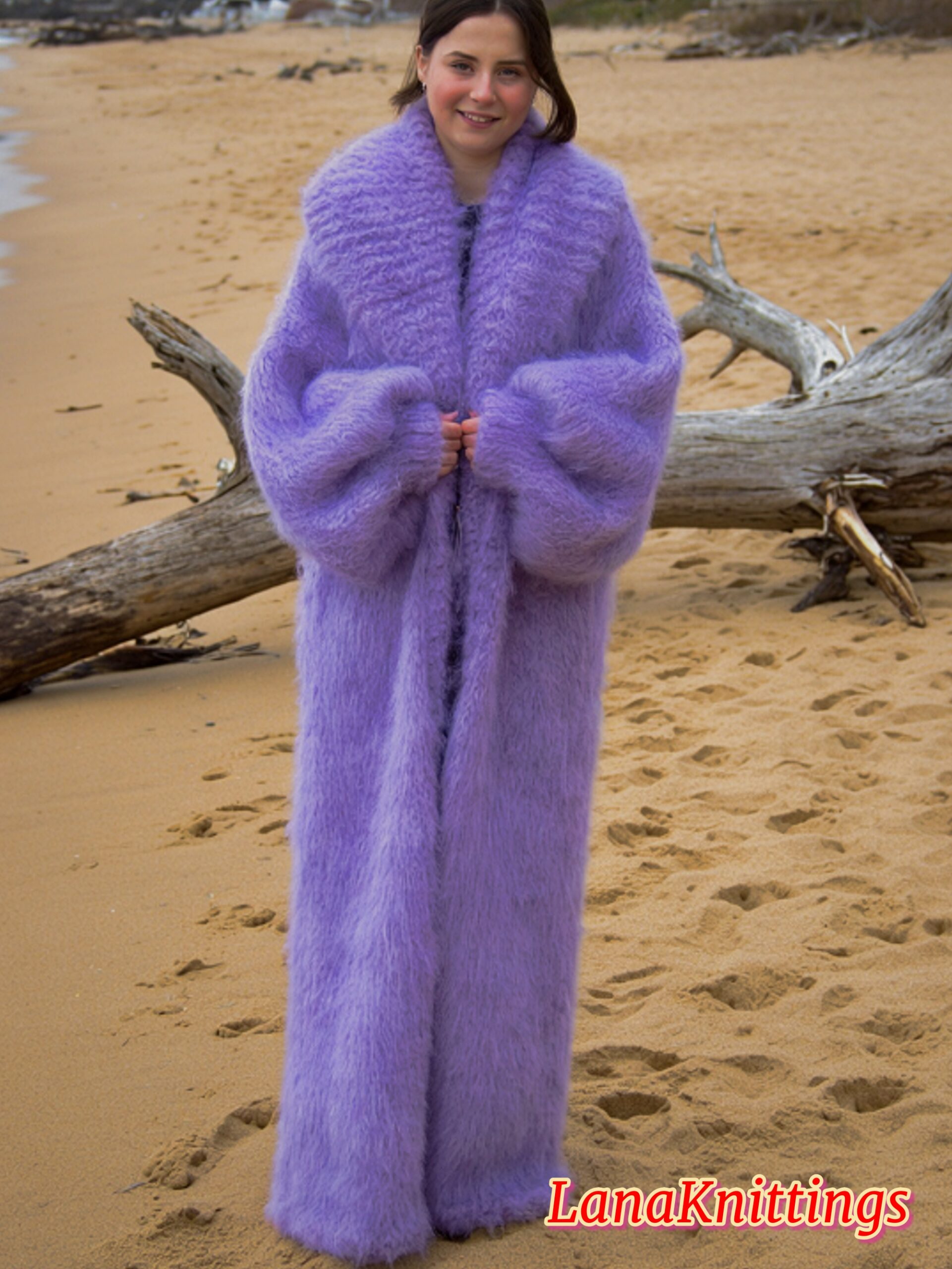 Mohair Long Coat Lavander Thick Mohair Shawl Neck HandKnitted - Image 2
