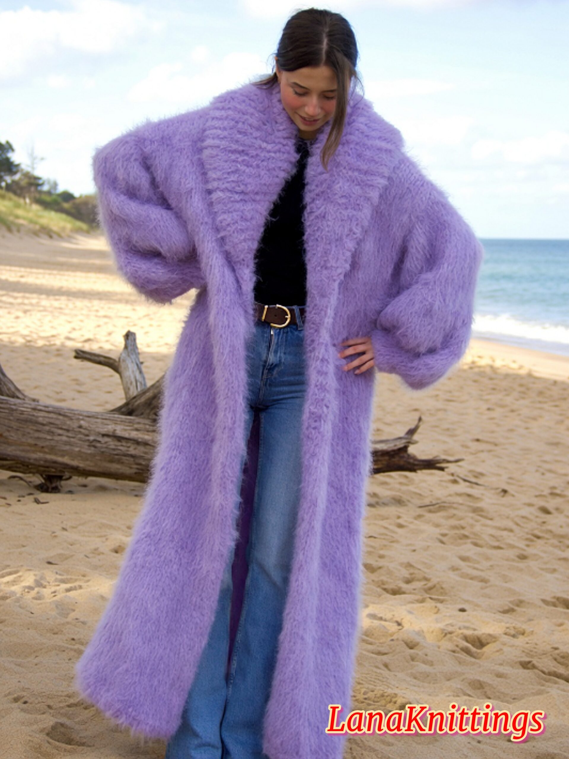 Mohair Long Coat Lavander Thick Mohair Shawl Neck HandKnitted - Image 3
