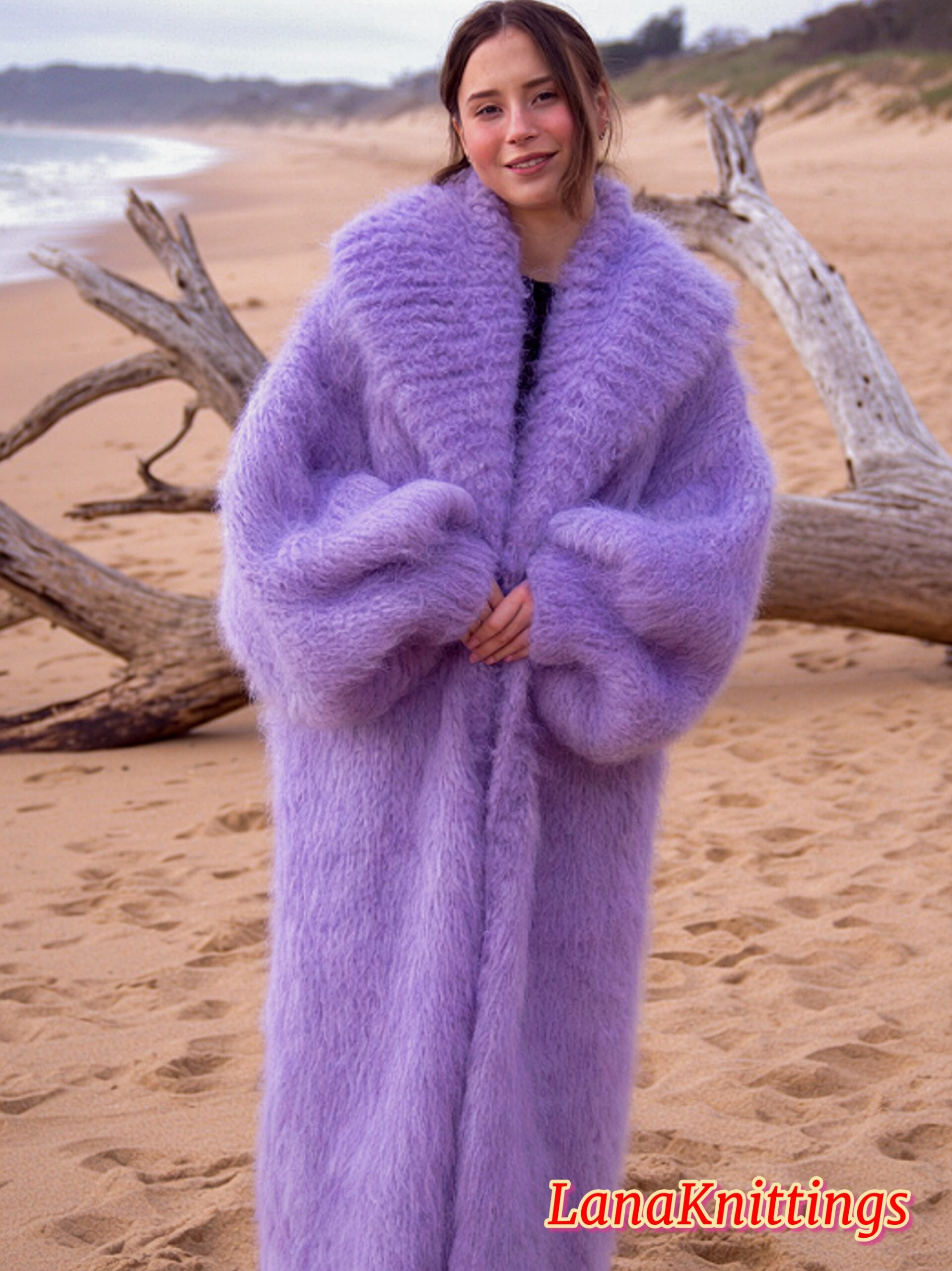 Mohair Long Coat Lavander Thick Mohair Shawl Neck HandKnitted - Image 5