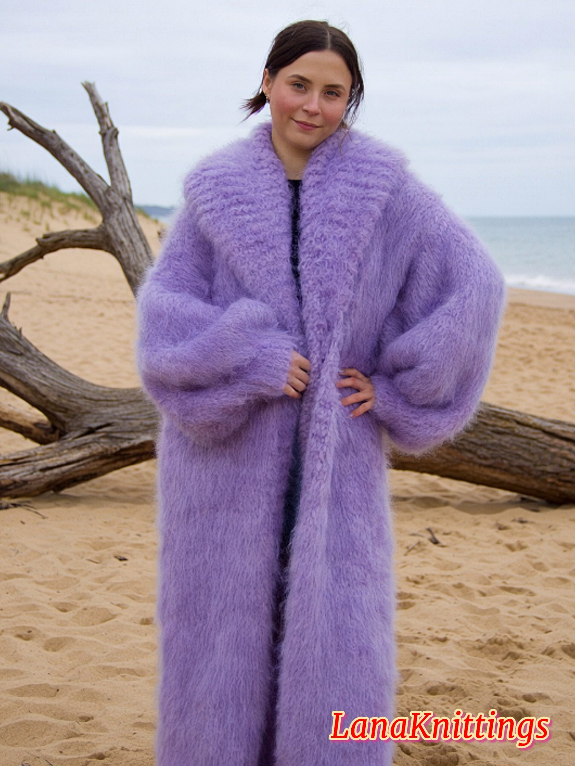 Mohair Long Coat Lavander Thick Mohair Shawl Neck HandKnitted - Image 6
