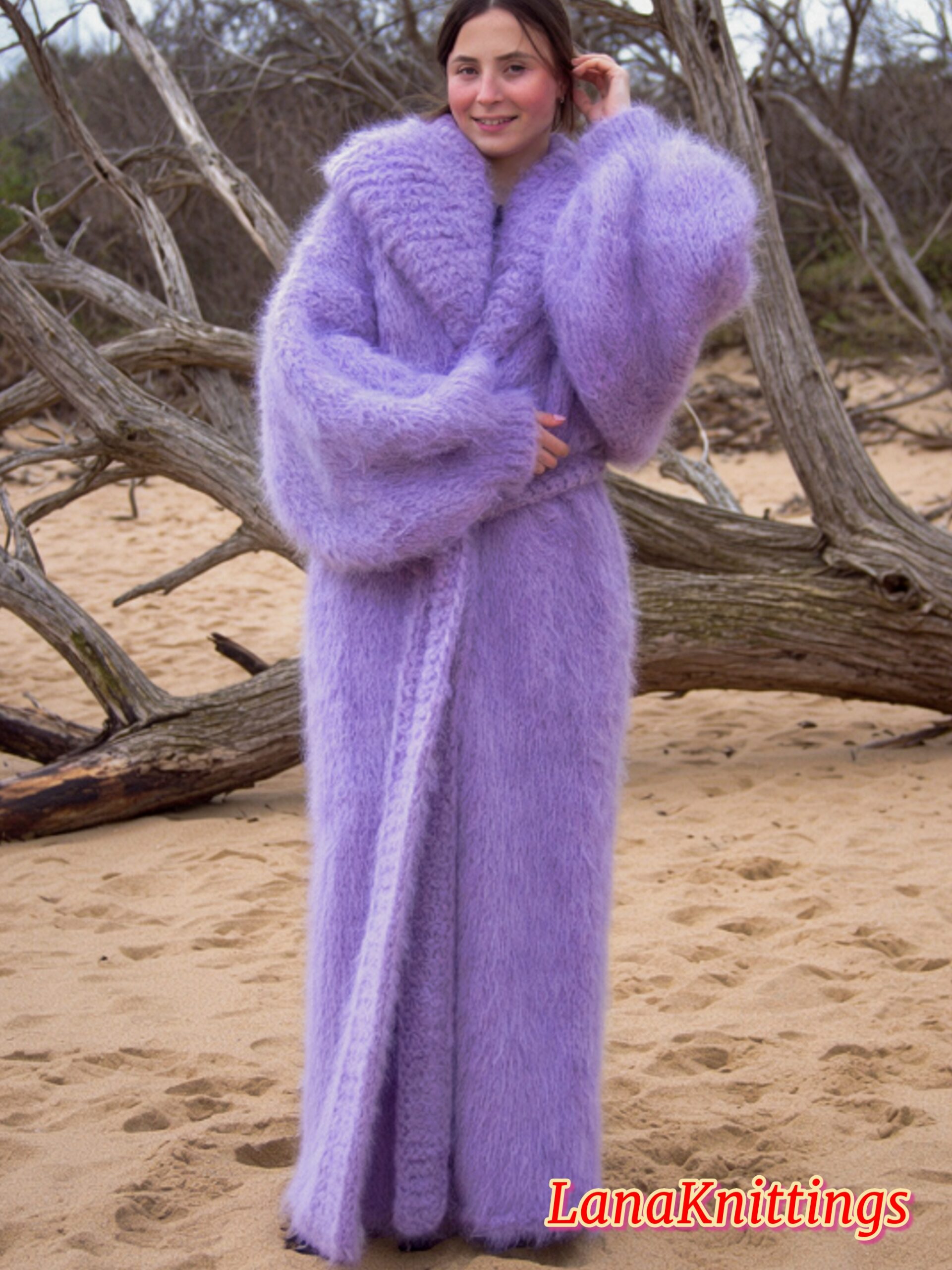 Mohair Long Coat Lavander Thick Mohair Shawl Neck HandKnitted - Image 7