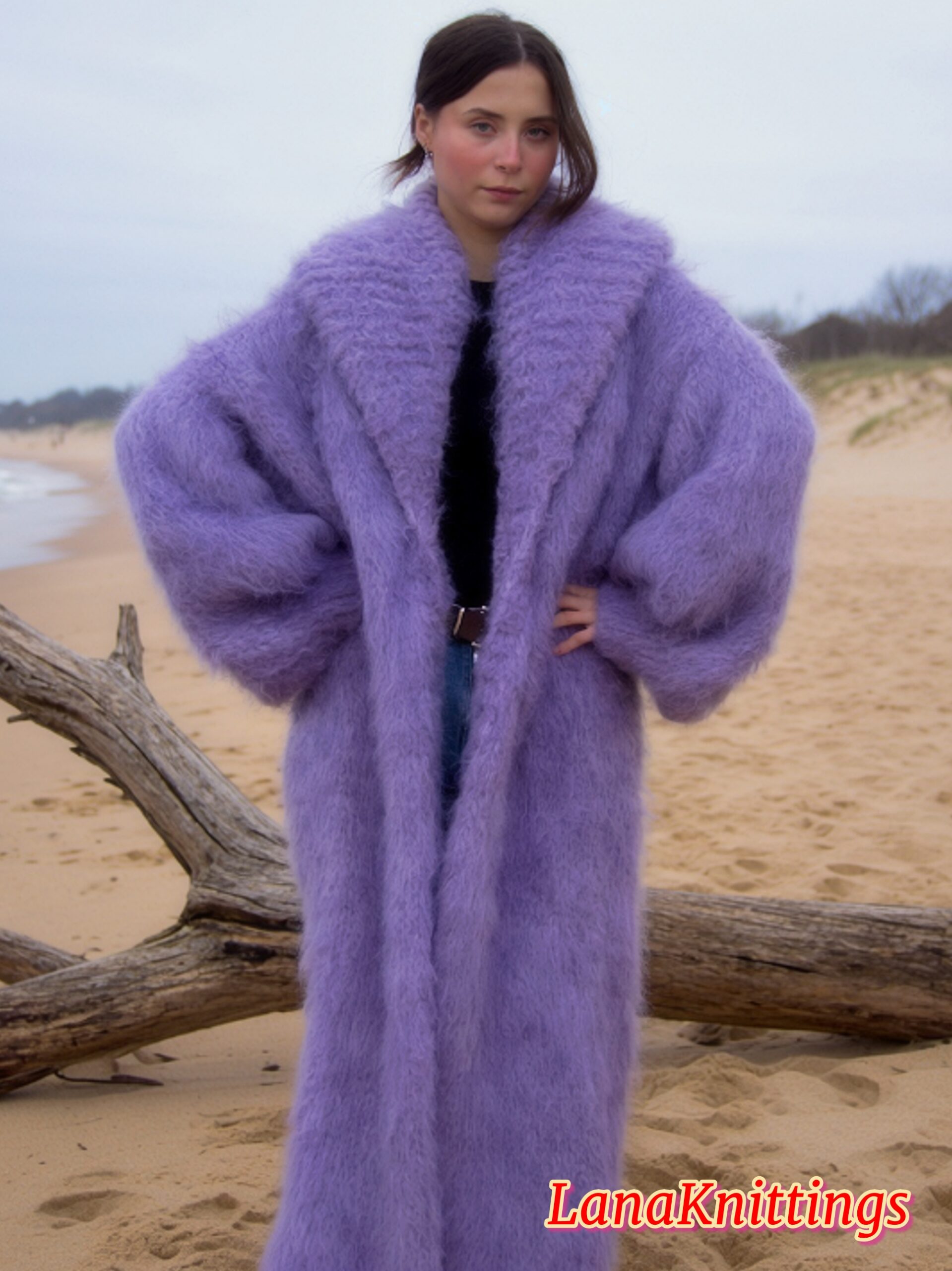 Mohair Long Coat Lavander Thick Mohair Shawl Neck HandKnitted - Image 8