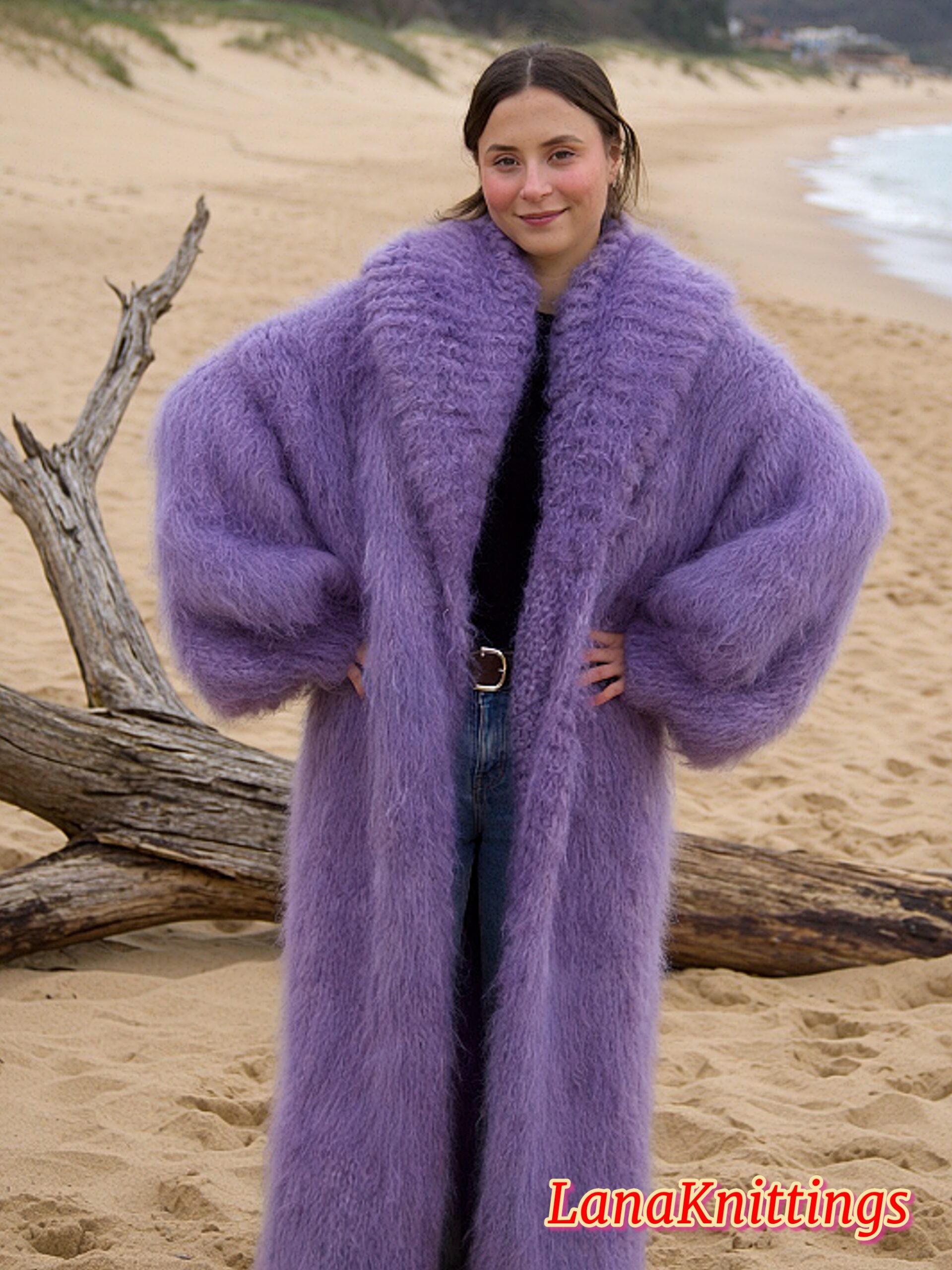 Mohair Long Coat Lavander Thick Mohair Shawl Neck HandKnitted - Image 9