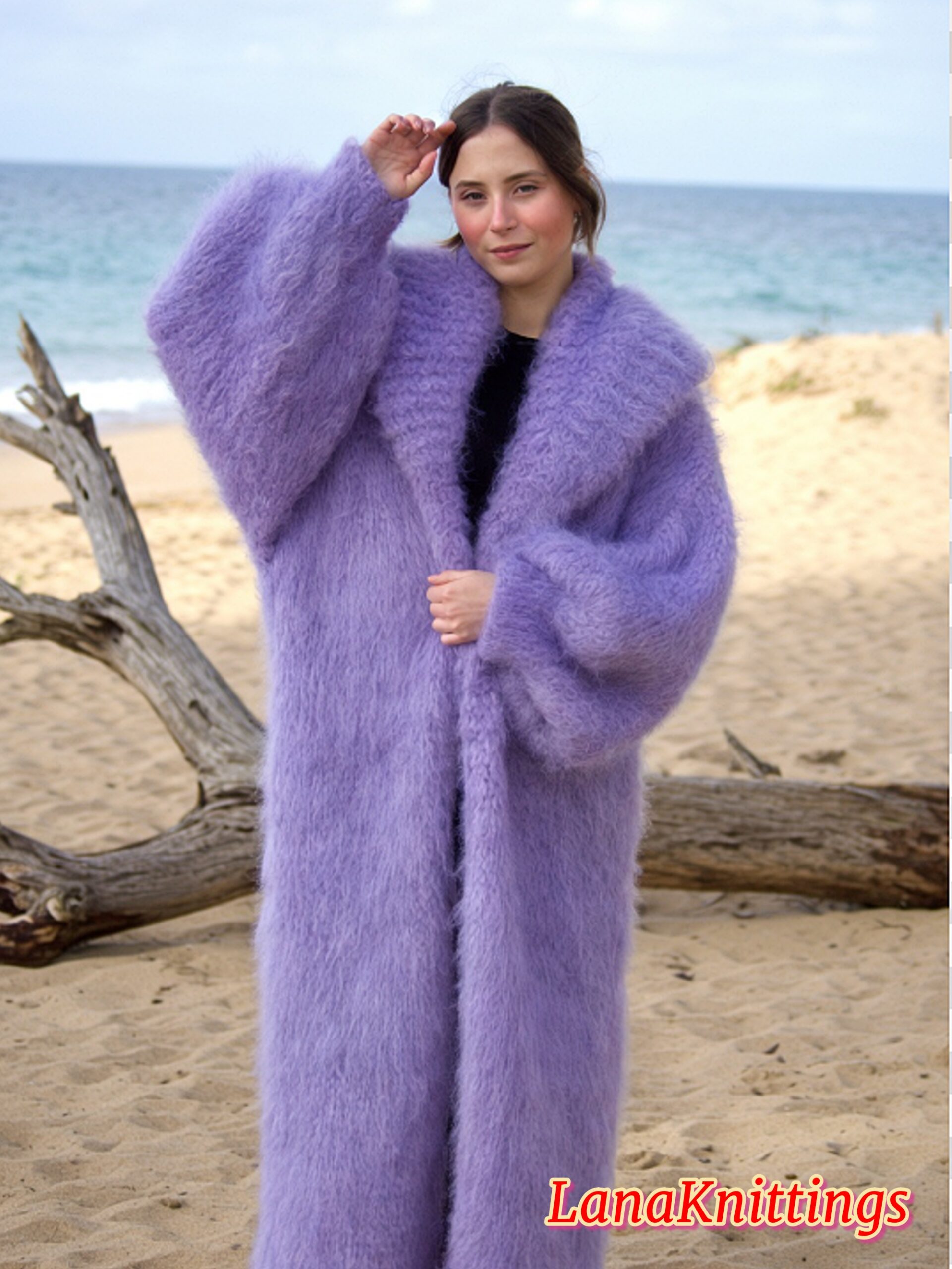 Mohair Long Coat Lavander Thick Mohair Shawl Neck HandKnitted - Image 10