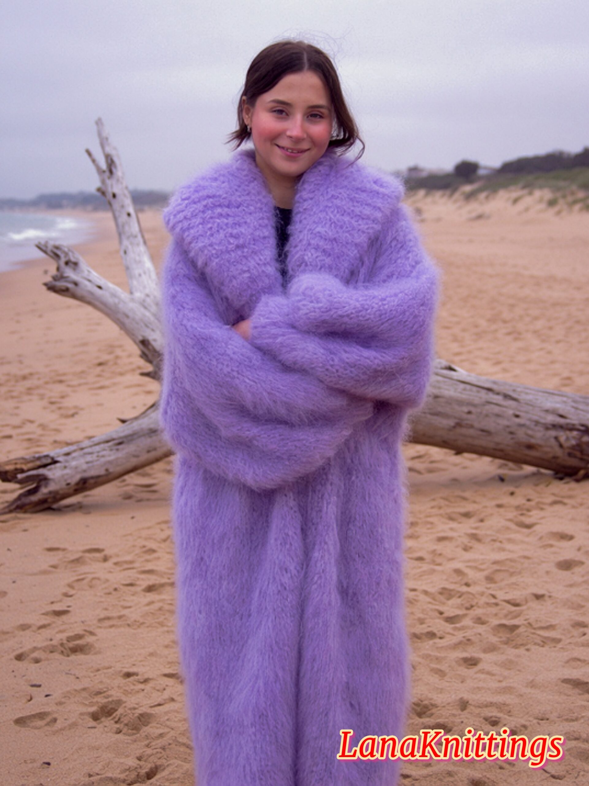 Mohair Long Coat Lavander Thick Mohair Shawl Neck HandKnitted - Image 11