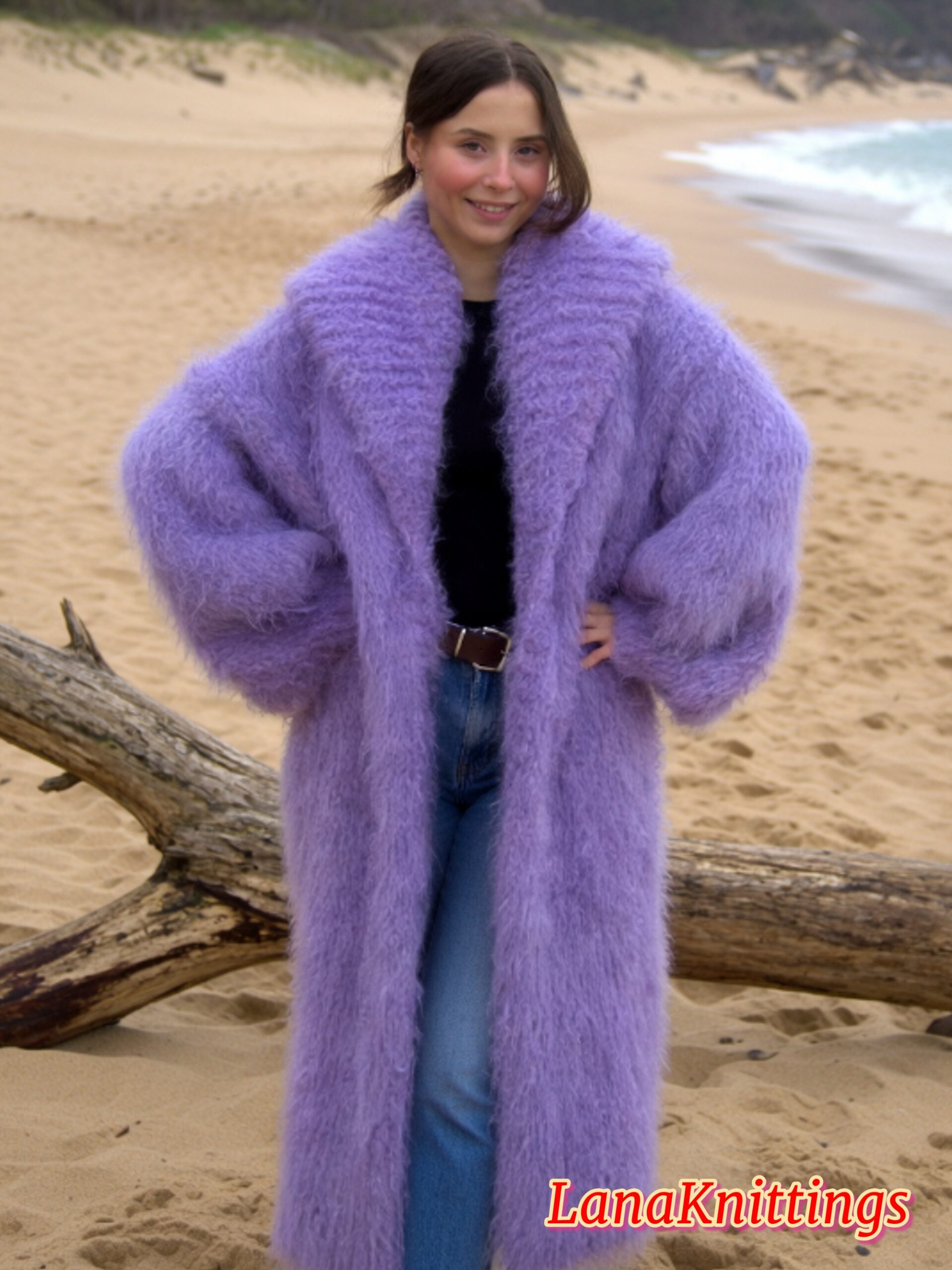 Mohair Long Coat Lavander Thick Mohair Shawl Neck HandKnitted - Image 12