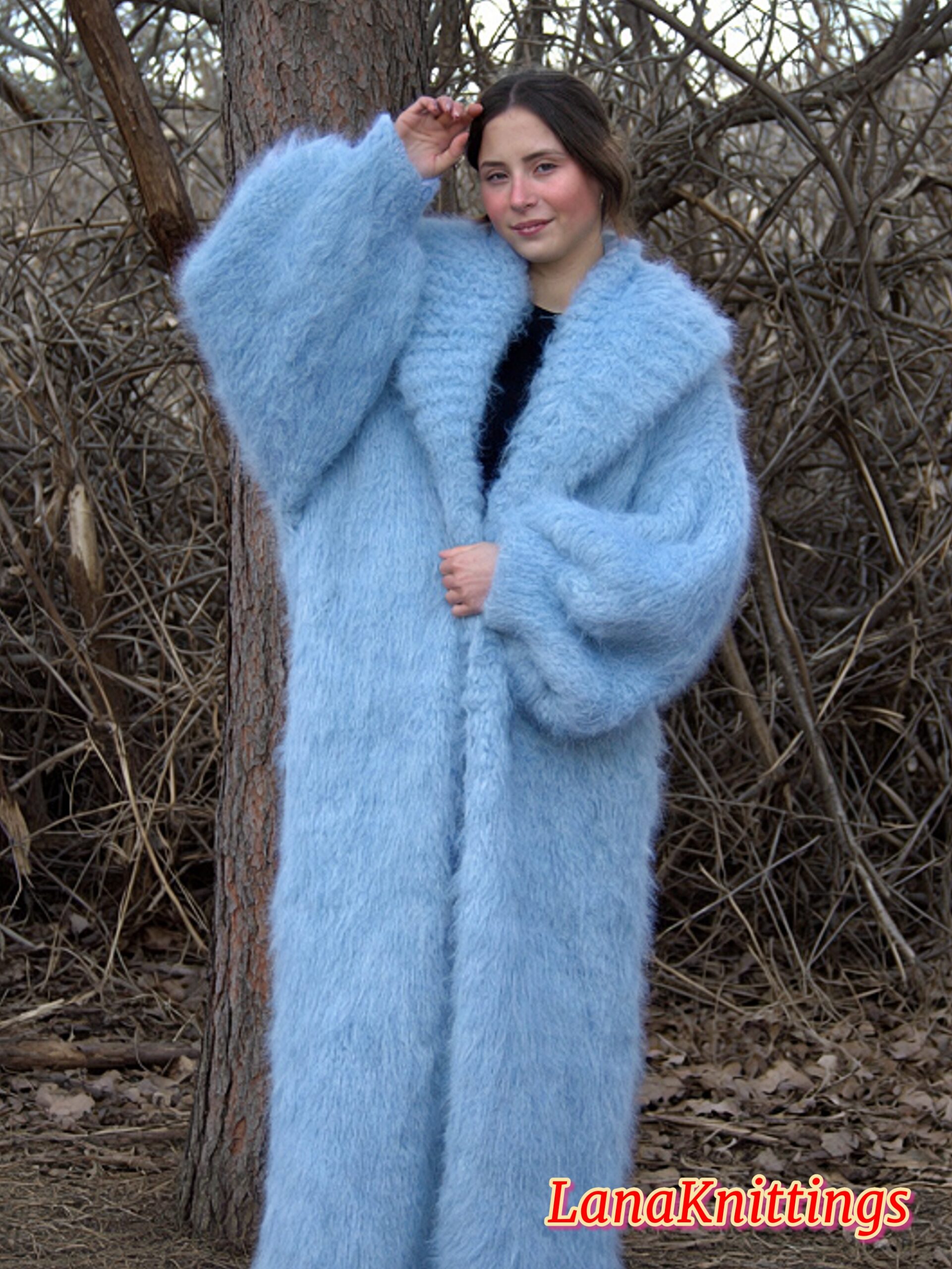 Mohair Long Coat Light Blue Thick Mohair Shawl Neck HandKnitted - Image 2