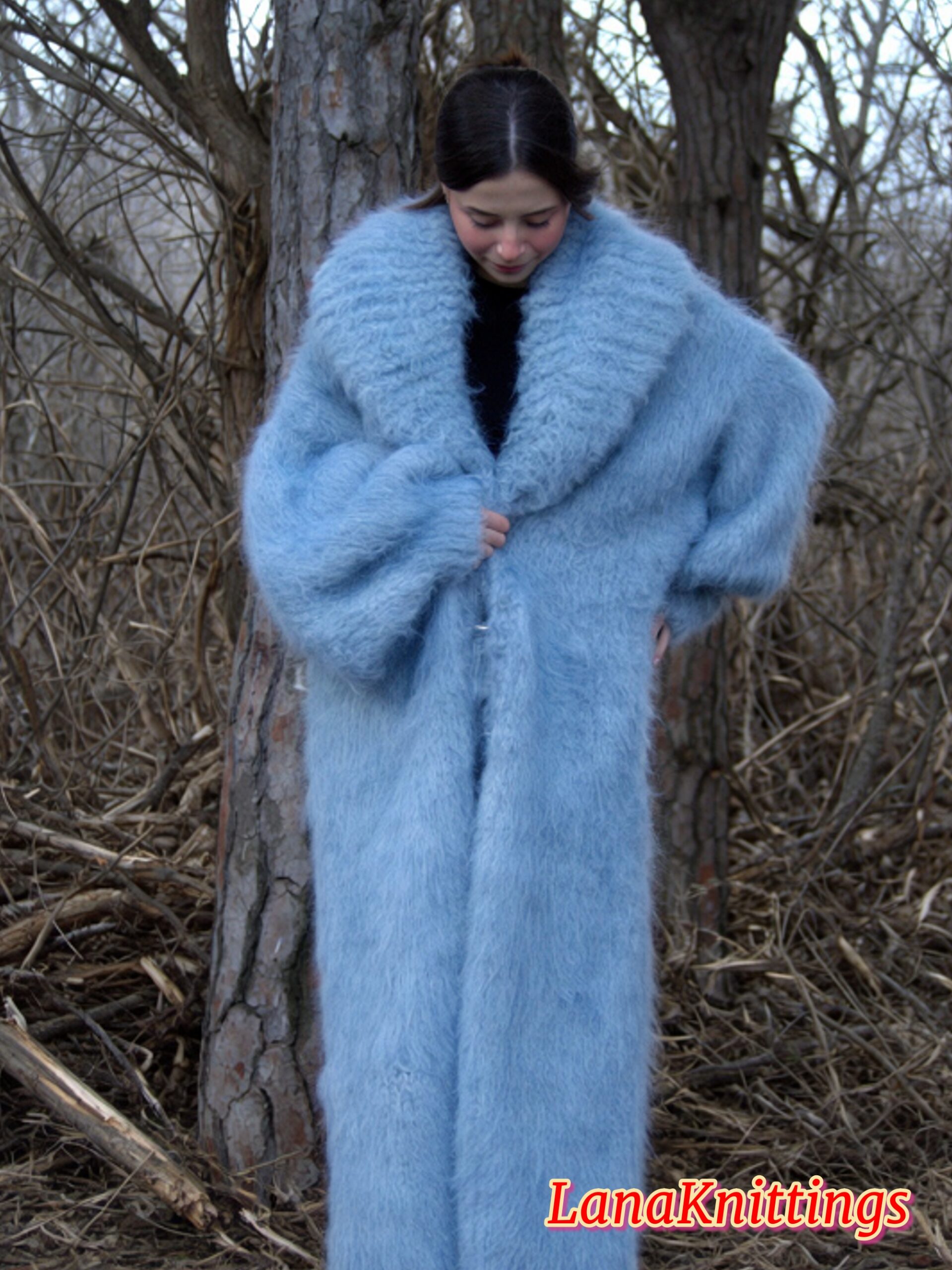 Mohair Long Coat Light Blue Thick Mohair Shawl Neck HandKnitted - Image 4