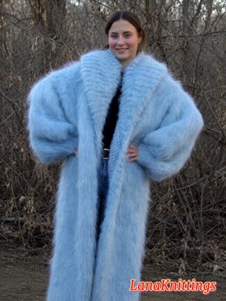 Mohair Long Coat Light Blue Thick Mohair Shawl Neck HandKnitted