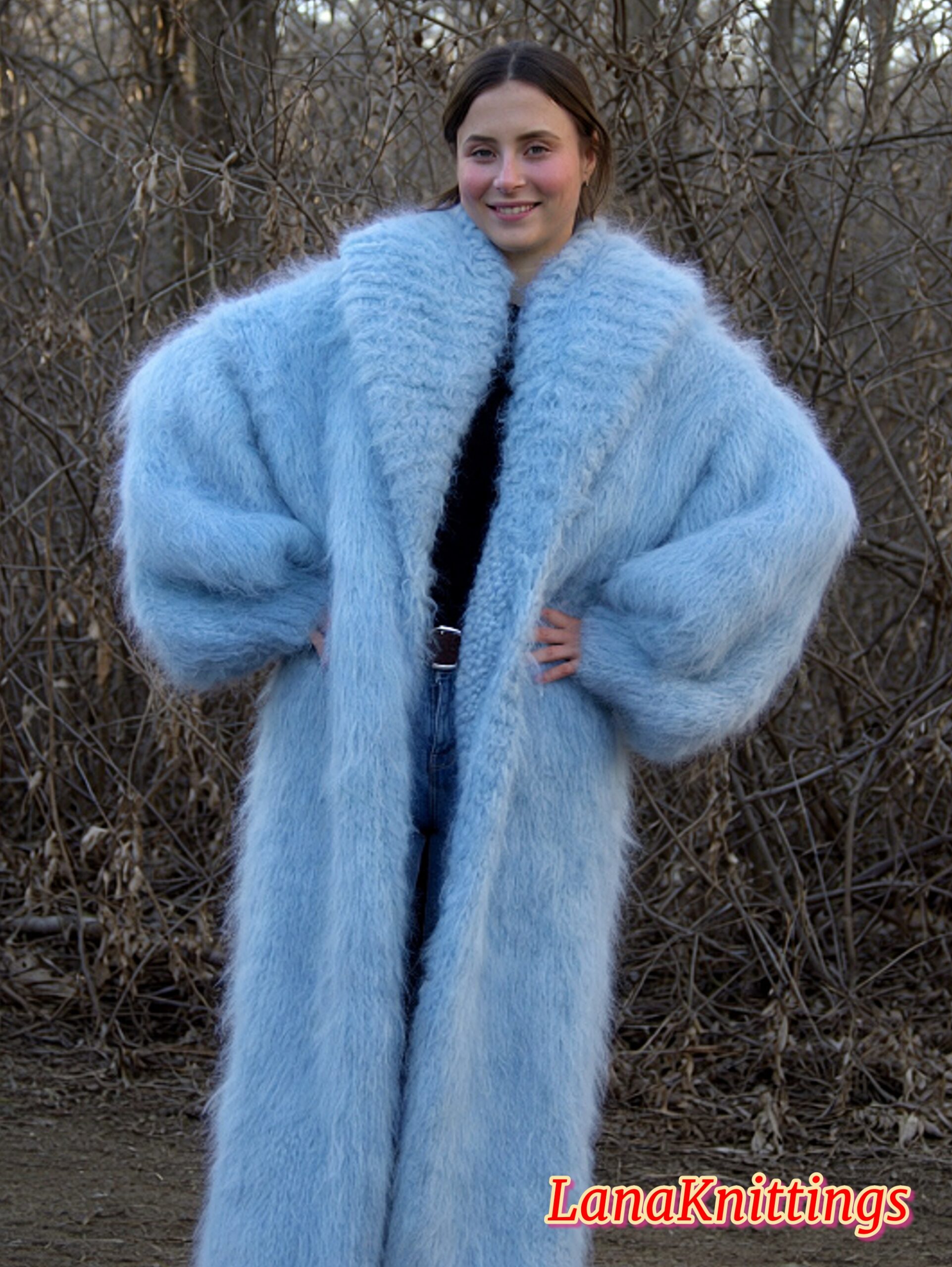 Mohair Long Coat Light Blue Thick Mohair Shawl Neck HandKnitted