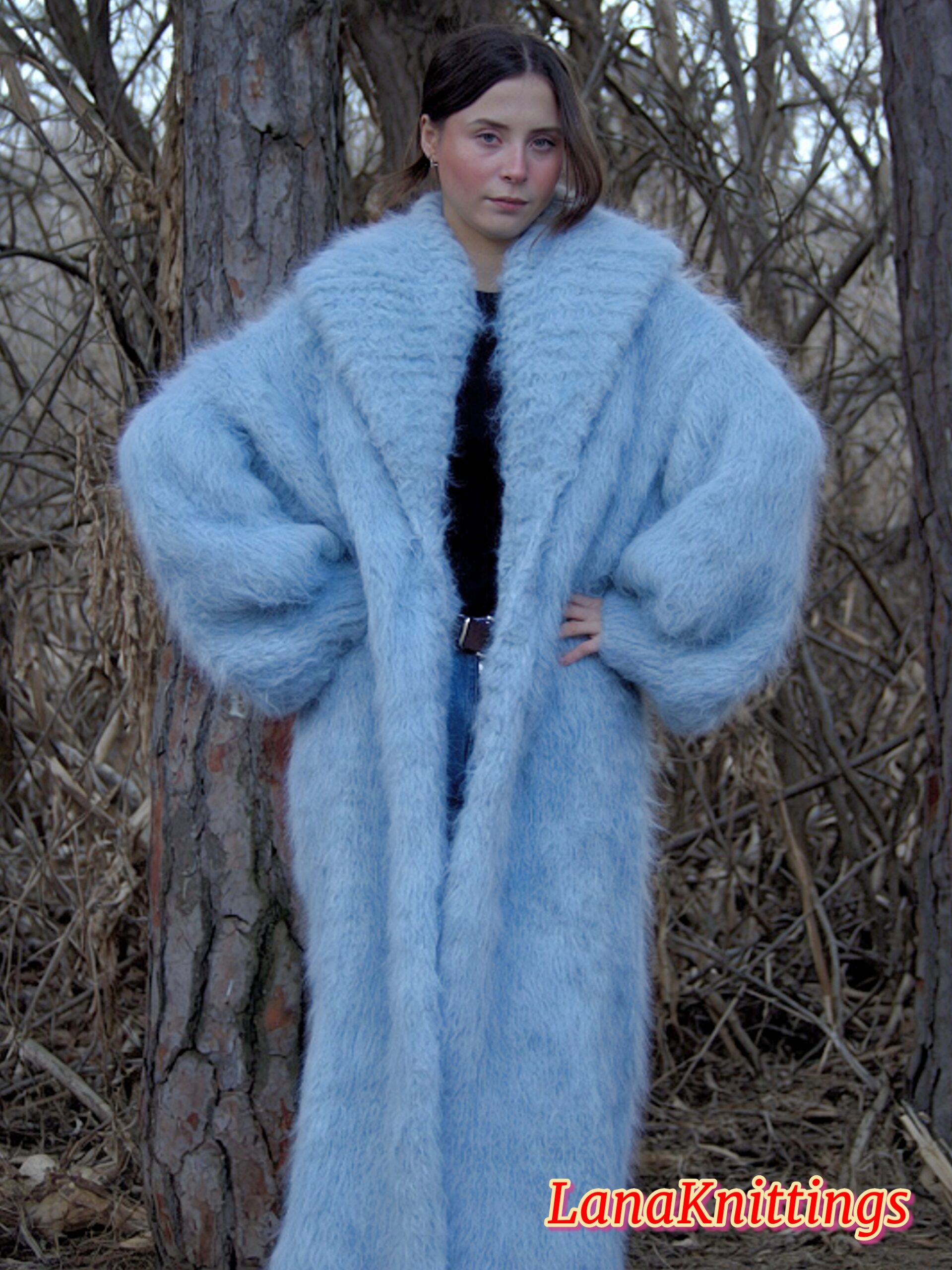 Mohair Long Coat Light Blue Thick Mohair Shawl Neck HandKnitted - Image 6
