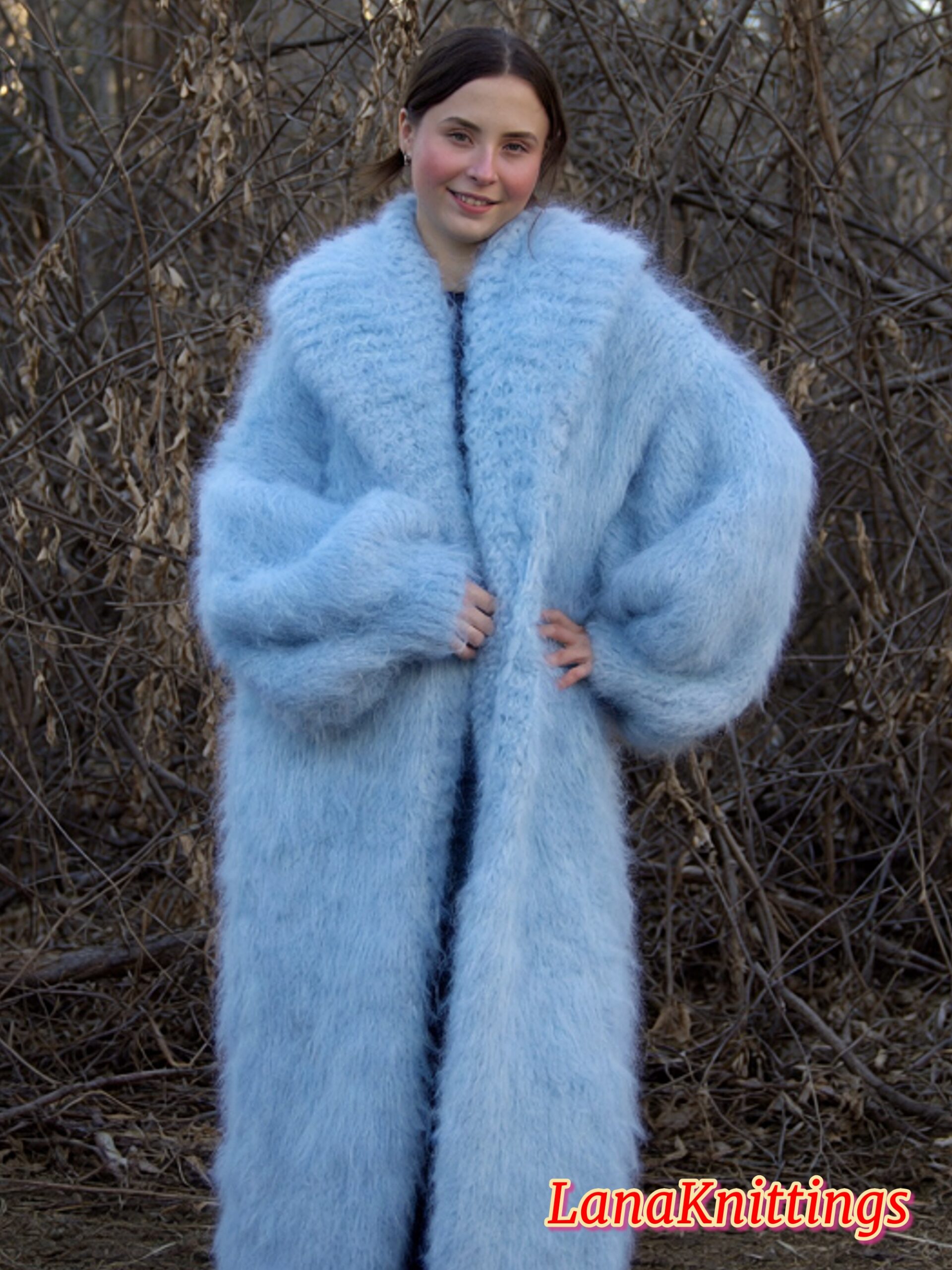 Mohair Long Coat Light Blue Thick Mohair Shawl Neck HandKnitted - Image 8