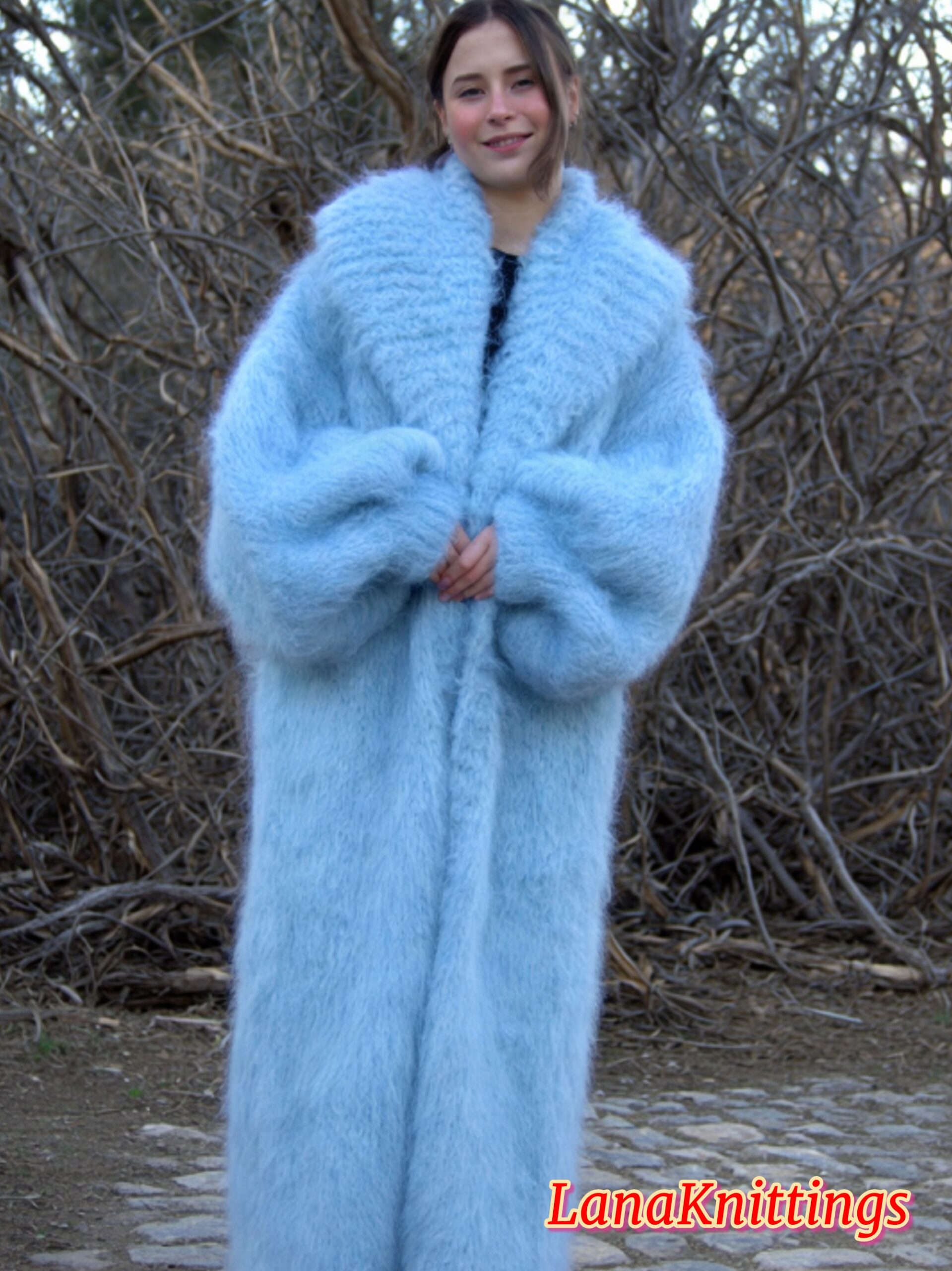 Mohair Long Coat Light Blue Thick Mohair Shawl Neck HandKnitted - Image 9