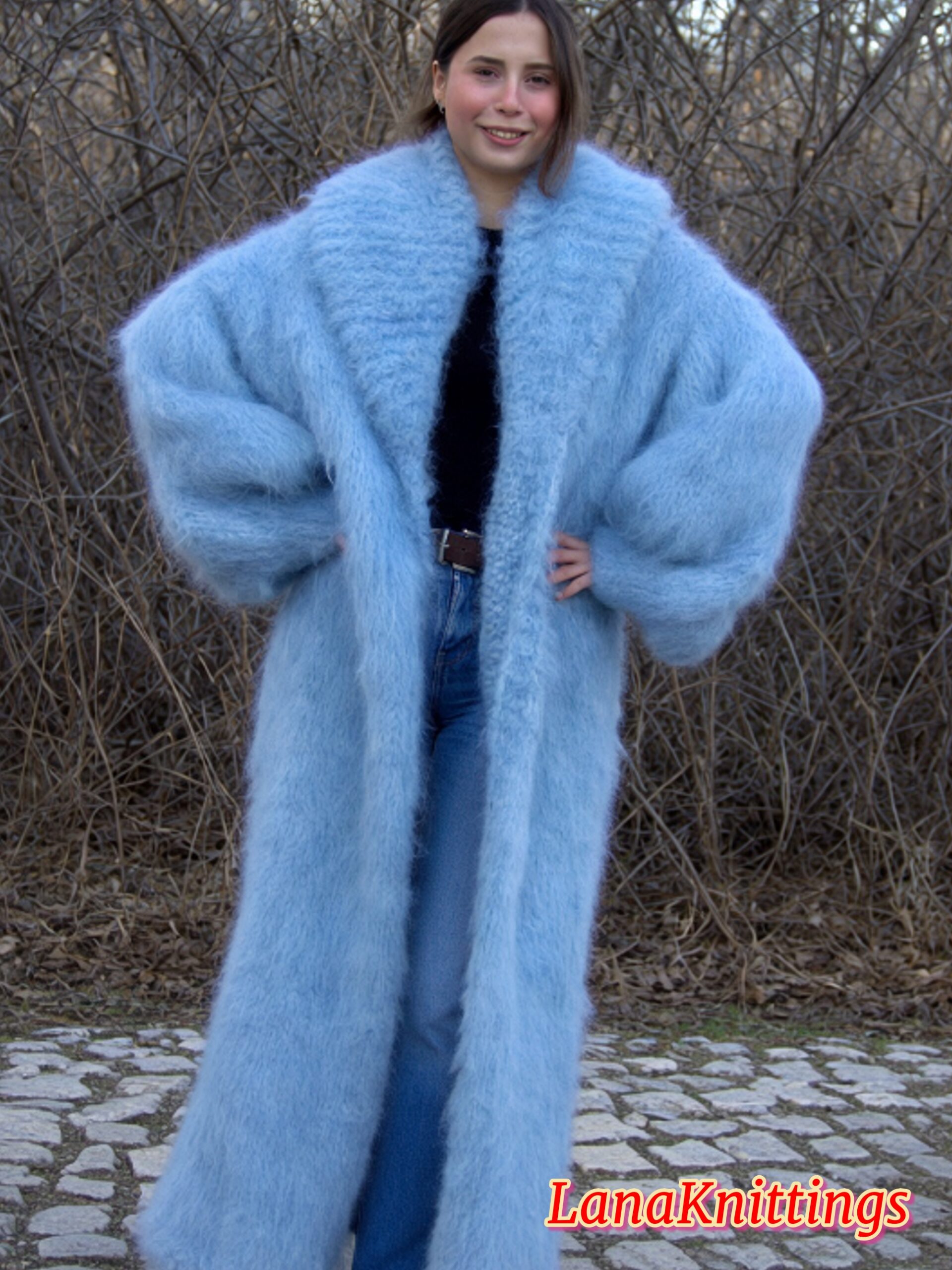 Mohair Long Coat Light Blue Thick Mohair Shawl Neck HandKnitted - Image 11