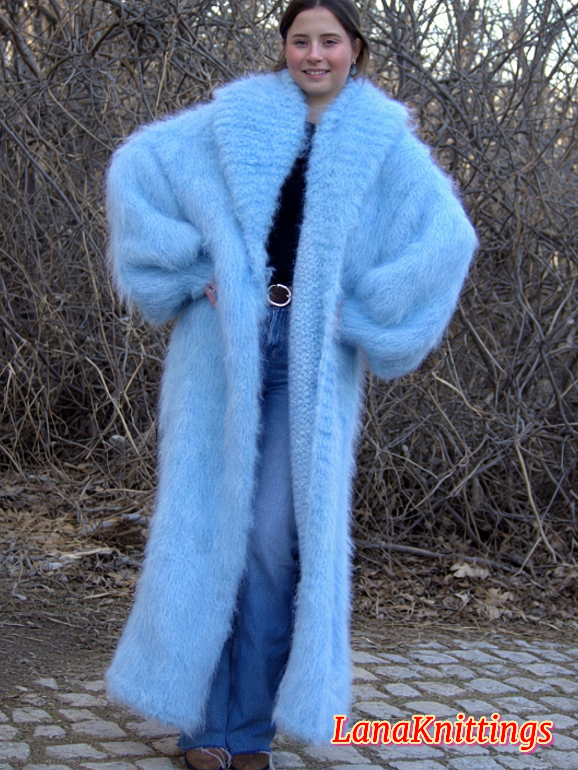 Mohair Long Coat Light Blue Thick Mohair Shawl Neck HandKnitted - Image 12