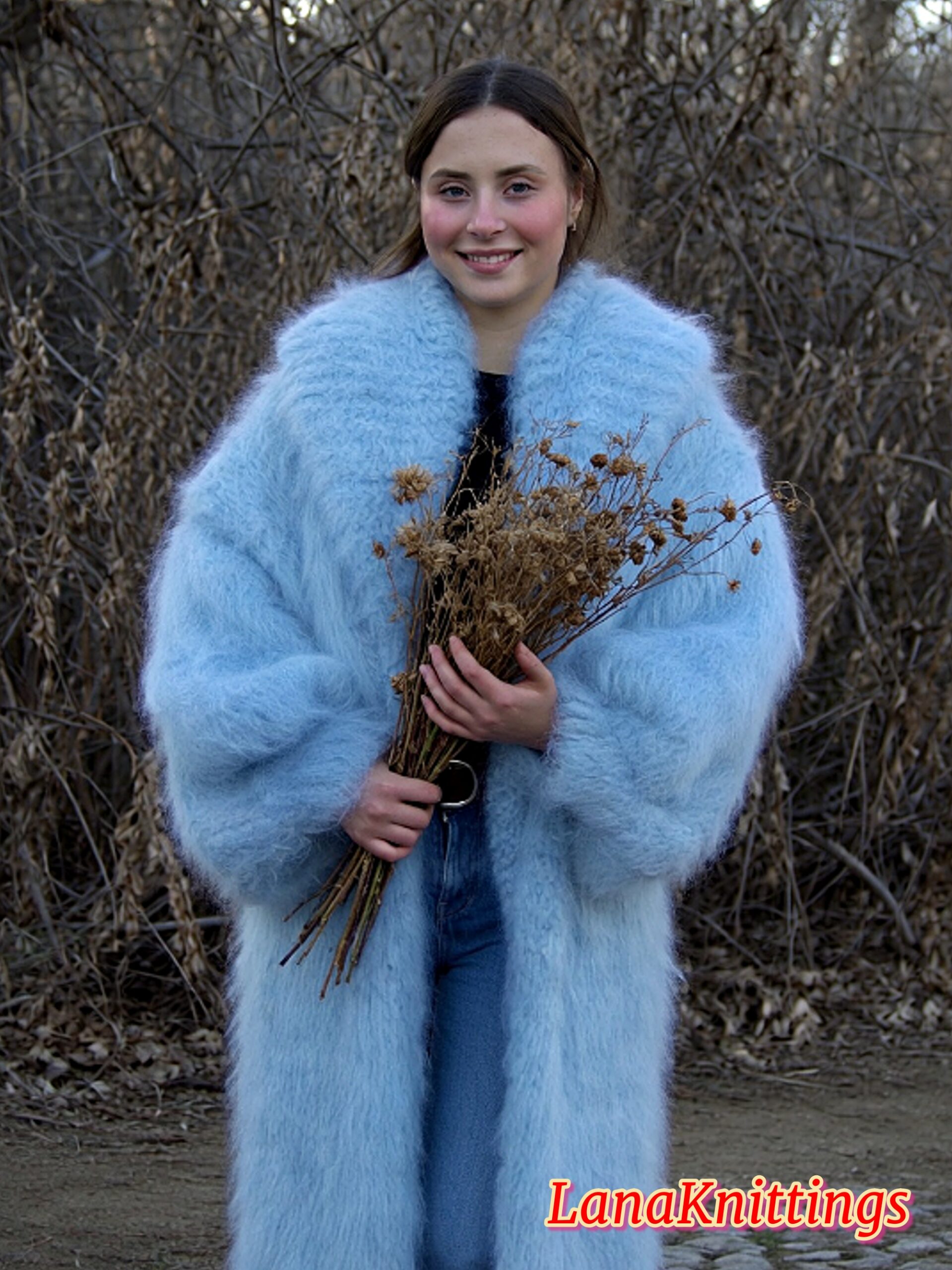 Mohair Long Coat Light Blue Thick Mohair Shawl Neck HandKnitted - Image 3