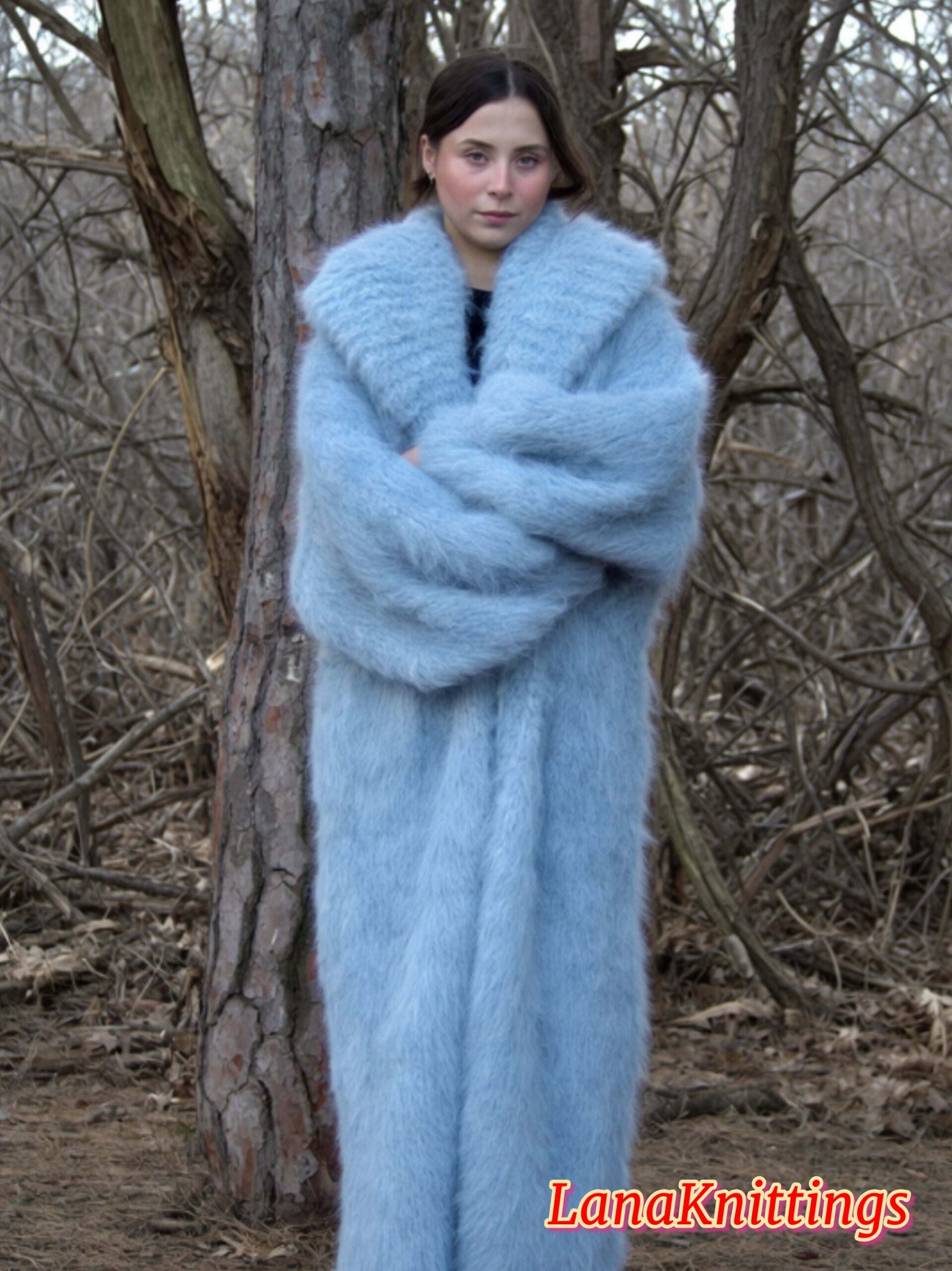 Mohair Long Coat Light Blue Thick Mohair Shawl Neck HandKnitted - Image 13