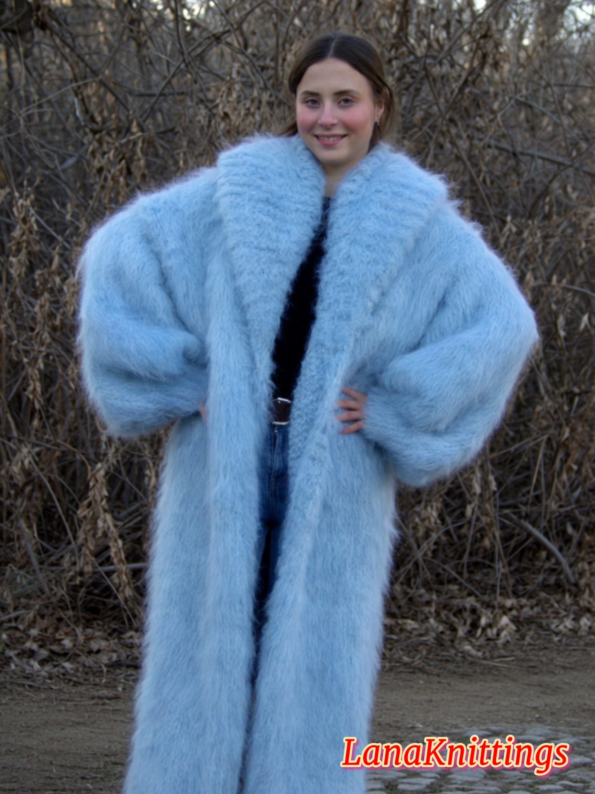 Mohair Long Coat Light Blue Thick Mohair Shawl Neck HandKnitted - Image 14