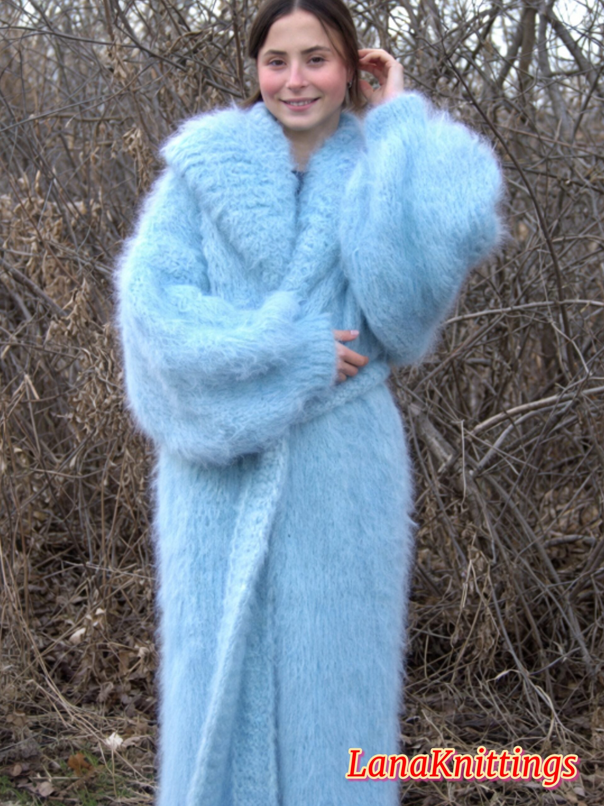 Mohair Long Coat Light Blue Thick Mohair Shawl Neck HandKnitted - Image 10