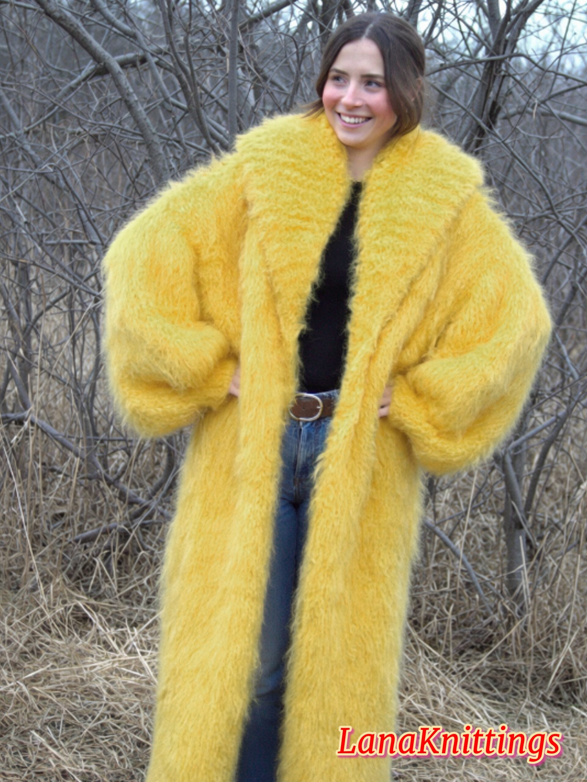 Mohair Long Coat Yellow Thick Mohair Shawl Neck HandKnitted - Image 2
