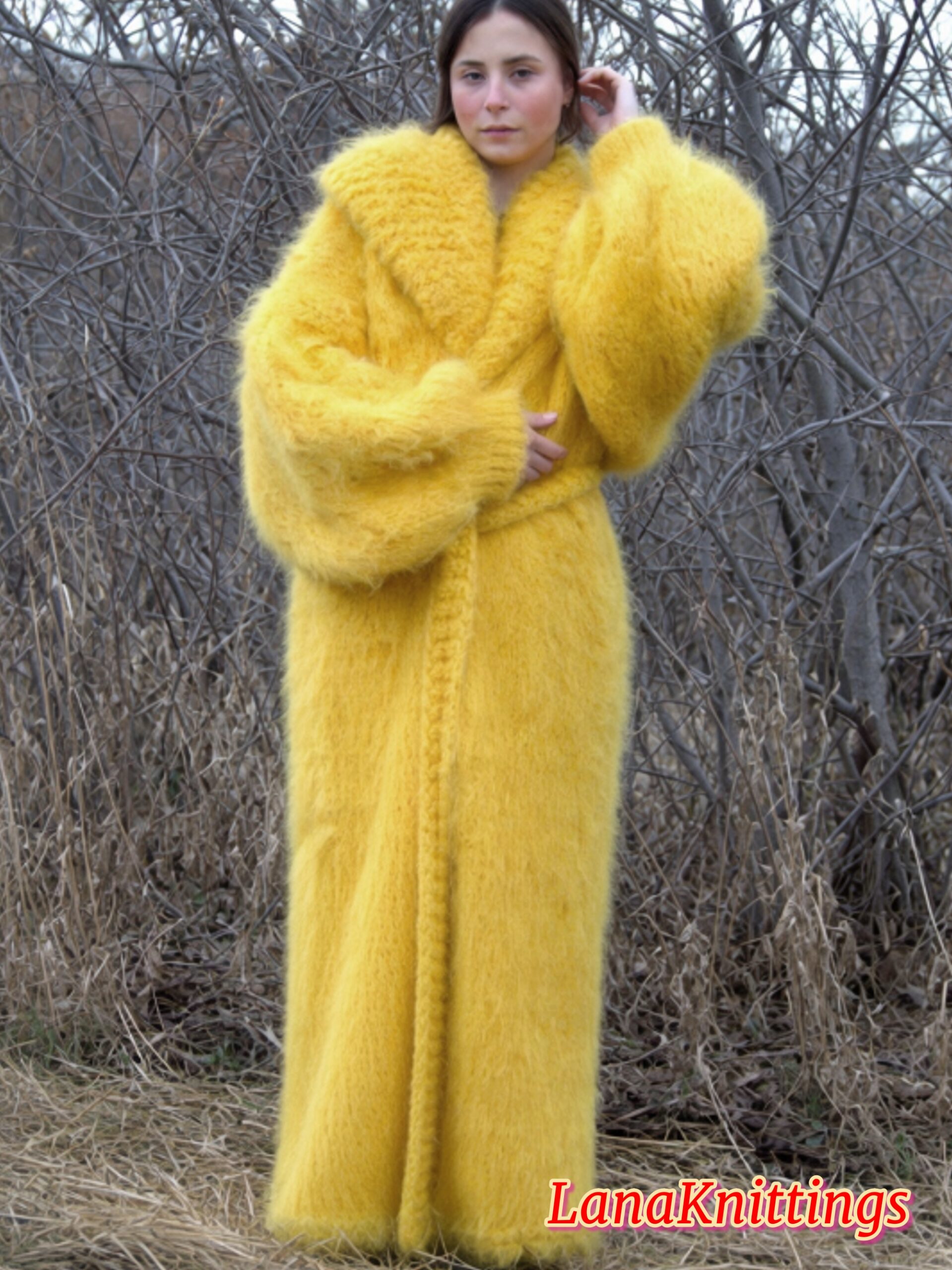 Mohair Long Coat Yellow Thick Mohair Shawl Neck HandKnitted - Image 3