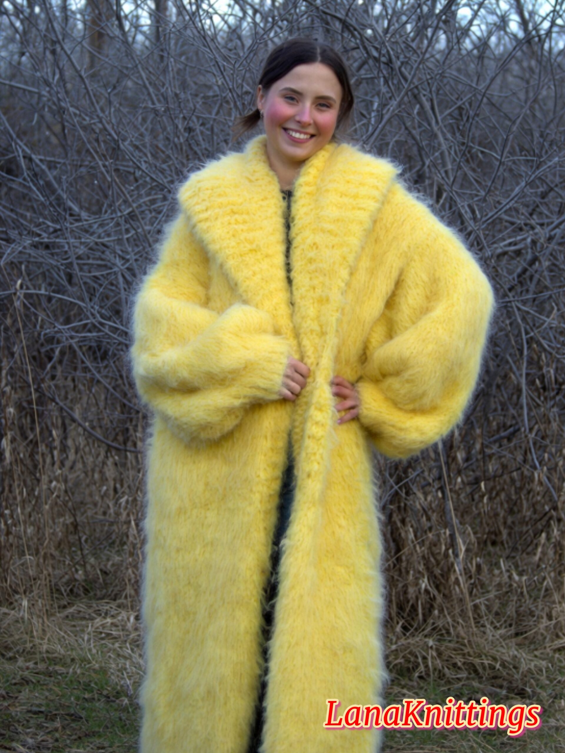 Mohair Long Coat Yellow Thick Mohair Shawl Neck HandKnitted - Image 4