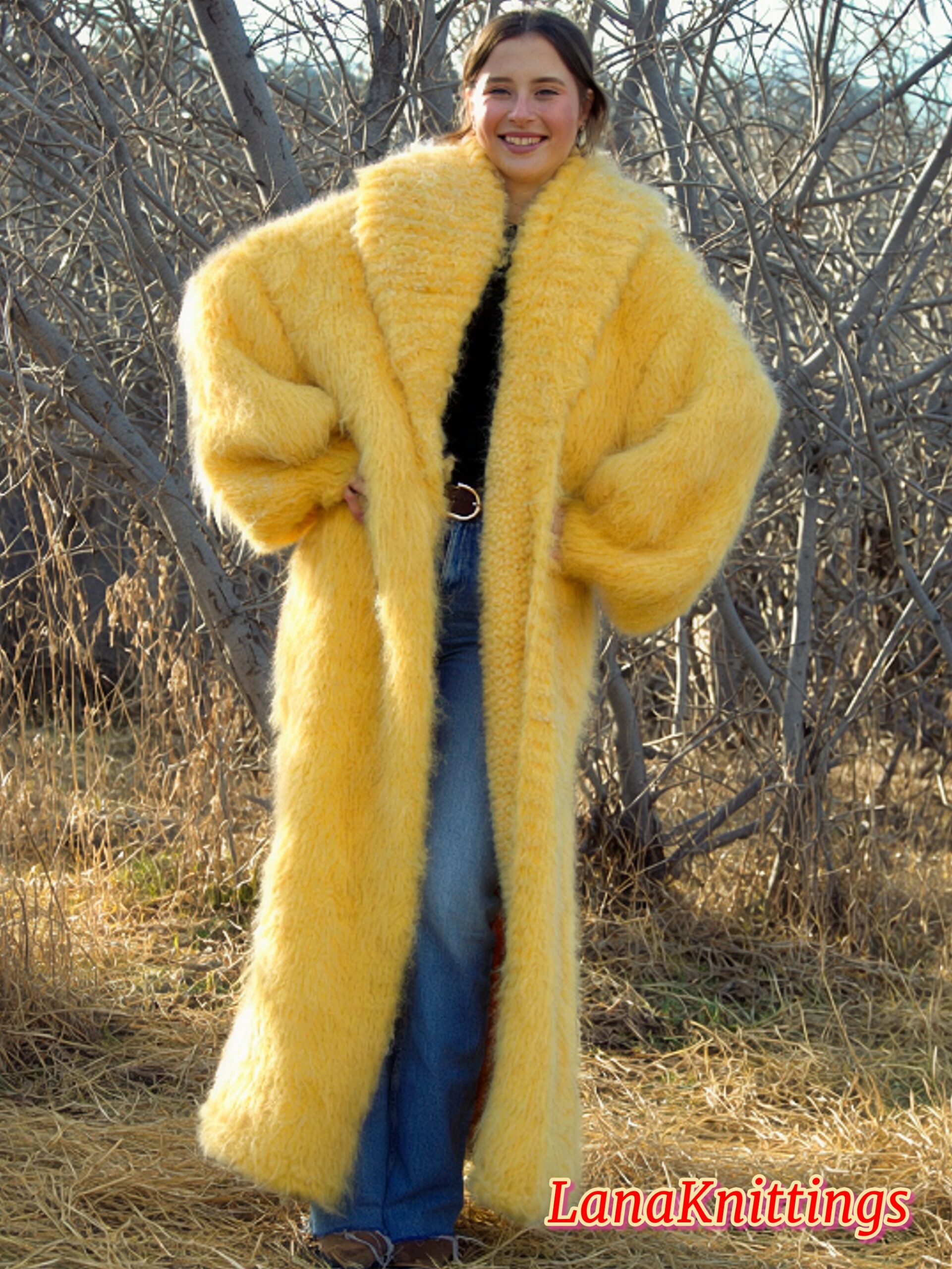 Mohair Long Coat Yellow Thick Mohair Shawl Neck HandKnitted - Image 5
